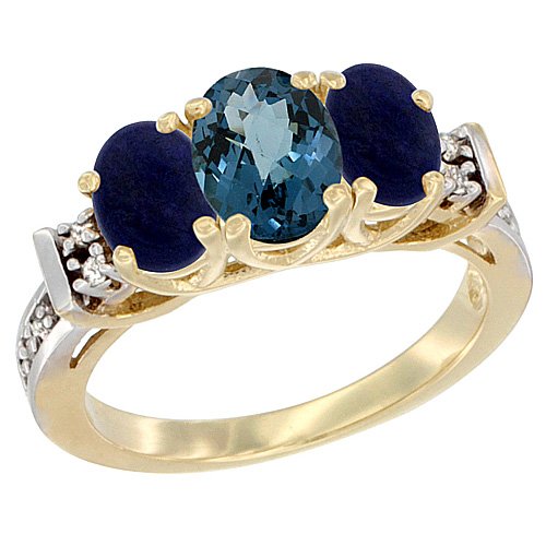 10K Yellow Gold Natural London Blue Topaz & Lapis Ring with 3-Stone Oval Diamond Accent - Elegant Jewelry for Women, Perfect for Weddings, Anniversaries & Special Occasions