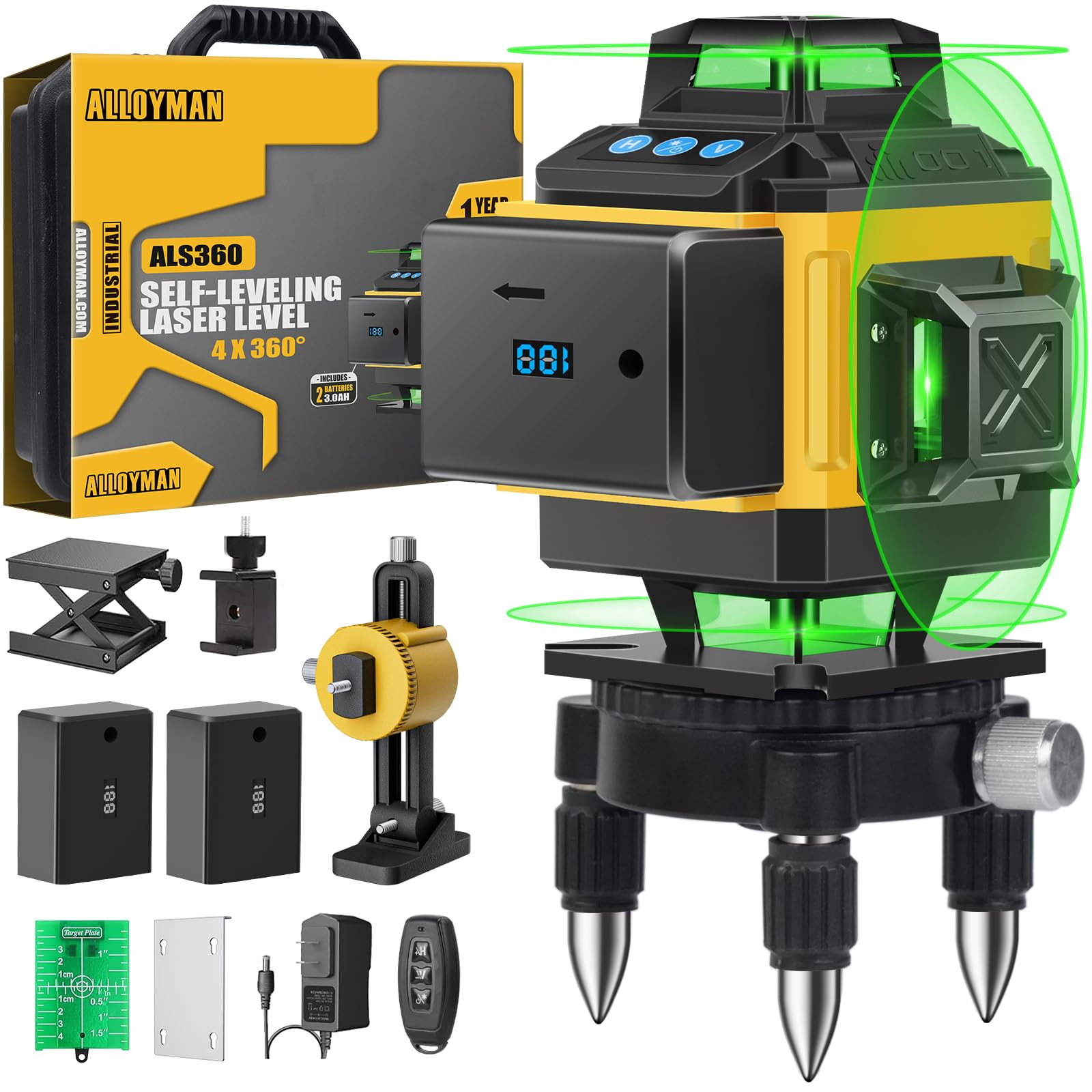 Alloyman 16-Line Self-Leveling Green Laser Level with 4x360° Coverage, 2 Rechargeable Batteries, Wall Mount & Remote Control - Perfect for Indoor/Outdoor Construction, Renovation, Tile Alignment & DIY Projects