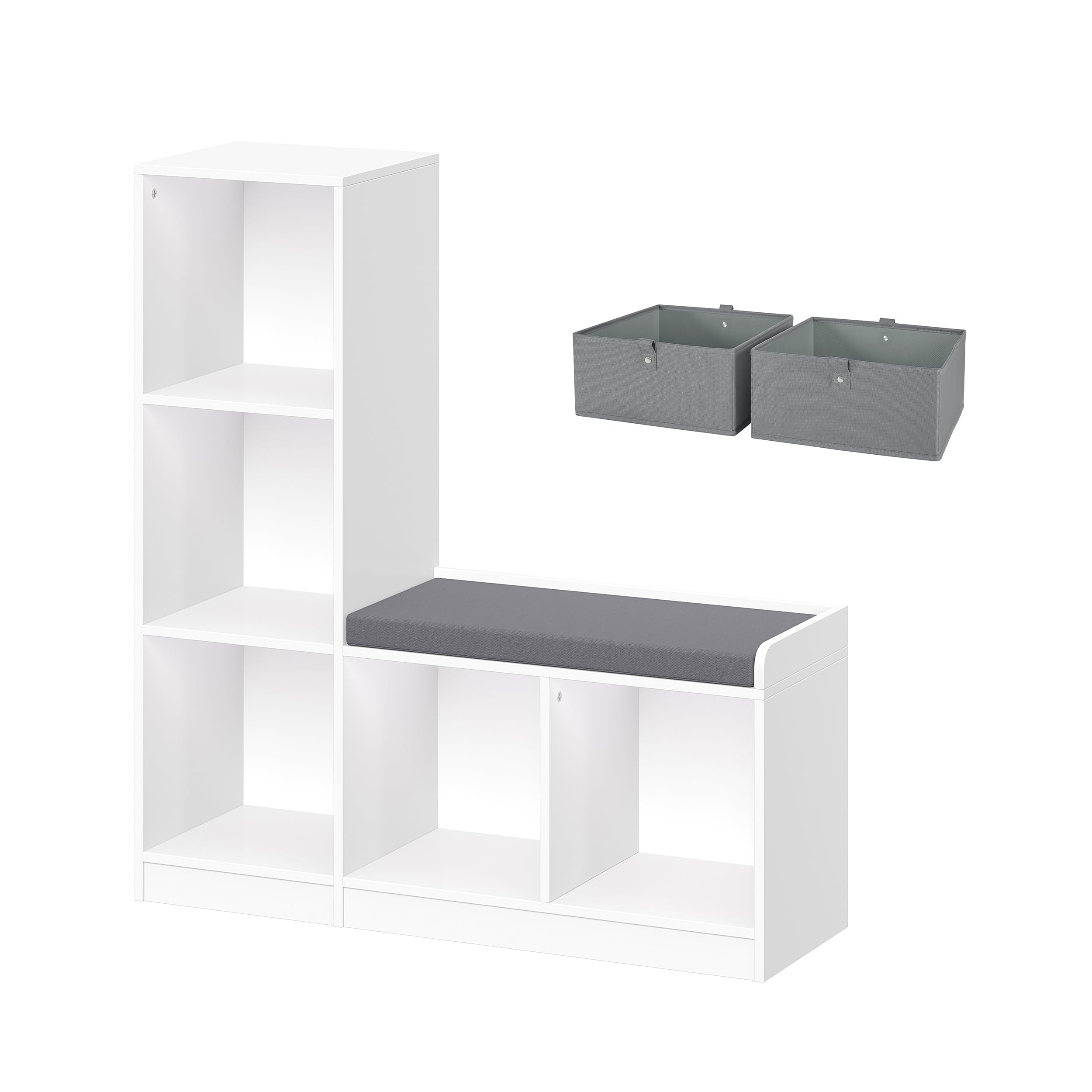 RiverRidge Kids Toy Storage Organizer Bench with 5 Cubby Spots, 2 Gray Fabric Bins & Cushioned Seat - Perfect for Playroom, Nursery, or Classroom Organization & Book Nook Storage