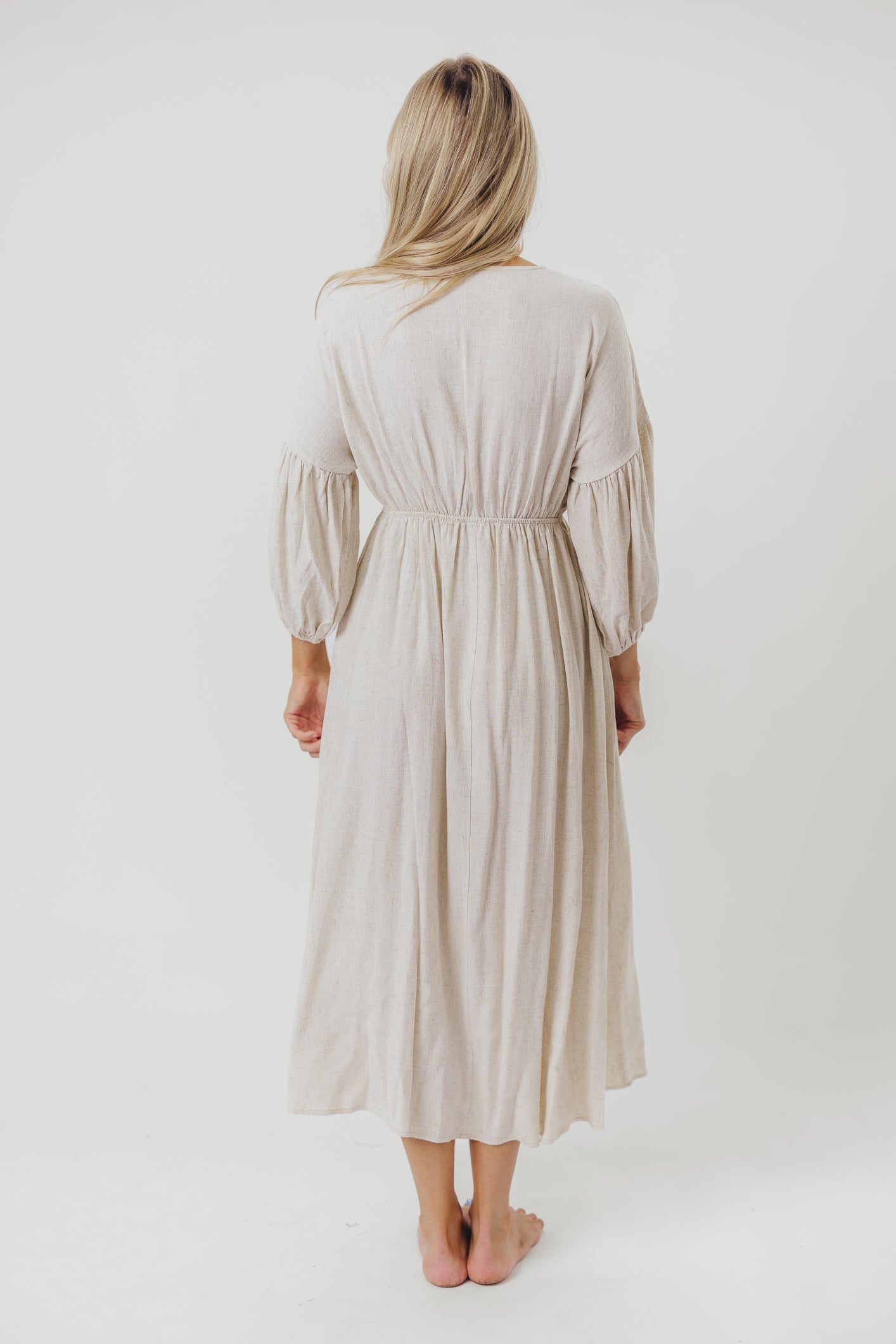 Hunter Linen Blend Midi Dress in Greige - Bump Friendly Maternity Dress with Inclusive Sizing | Perfect for Pregnancy, Nursing, and Everyday Comfort Wear