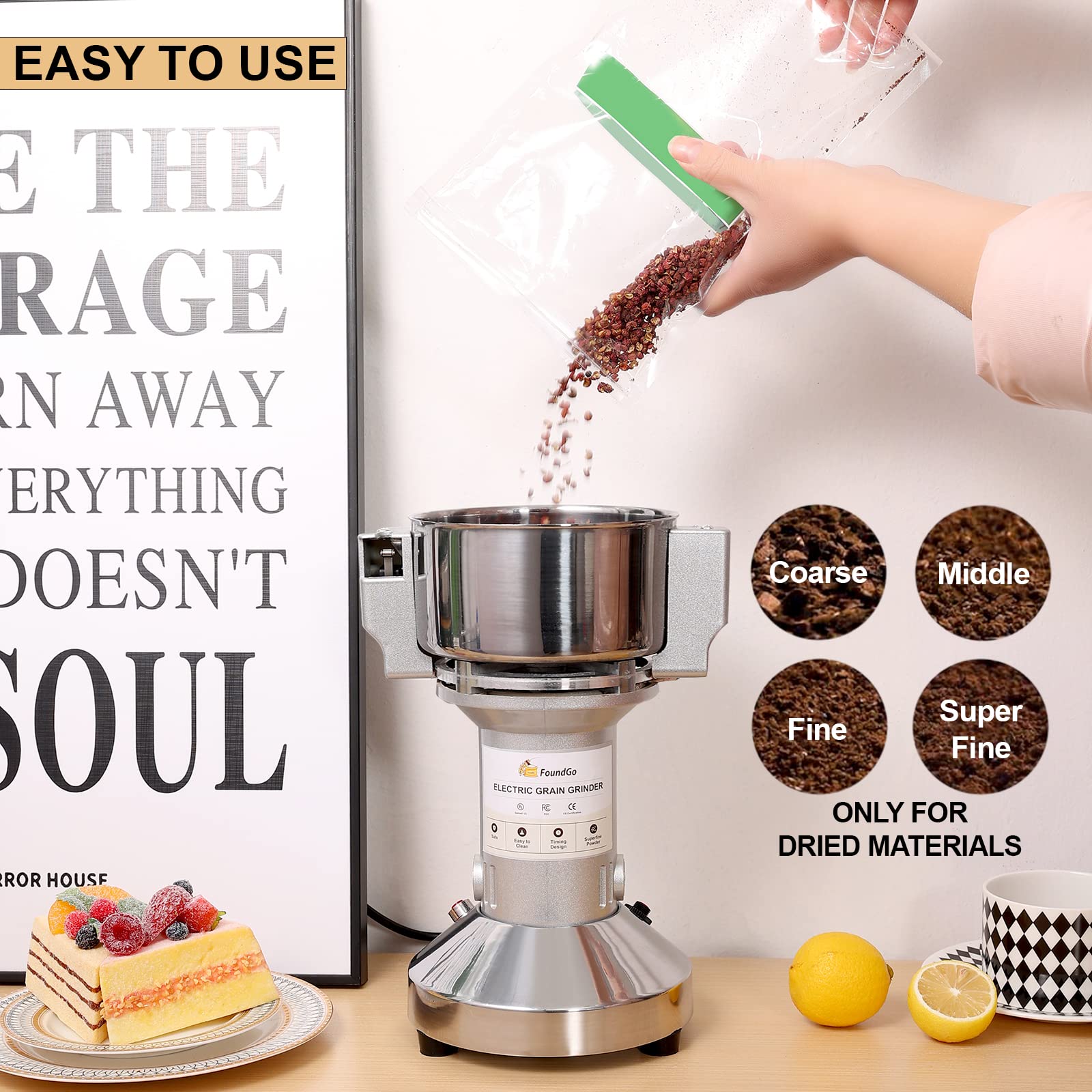 FoundGo 500g Electric Grain Mill Grinder - Commercial Grade Spice & Coffee Grinder for Dry Herbs, Seeds, Grains, Rice & Pepper - Perfect for Home Kitchens, Bakeries & Coffee Shops