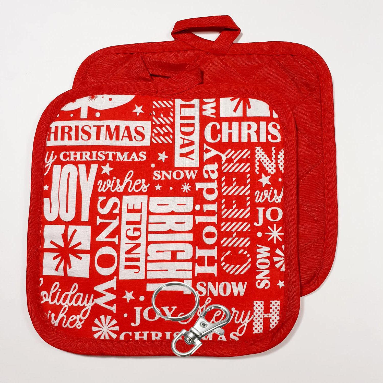 4PCS Merry Christmas Red Potholders & Hot Pads Set - 7x7 Inch Kitchen Oven Mitts with Lobster Clasp & Key Ring - Holiday Cooking & Baking Accessories for Festive Home Decor