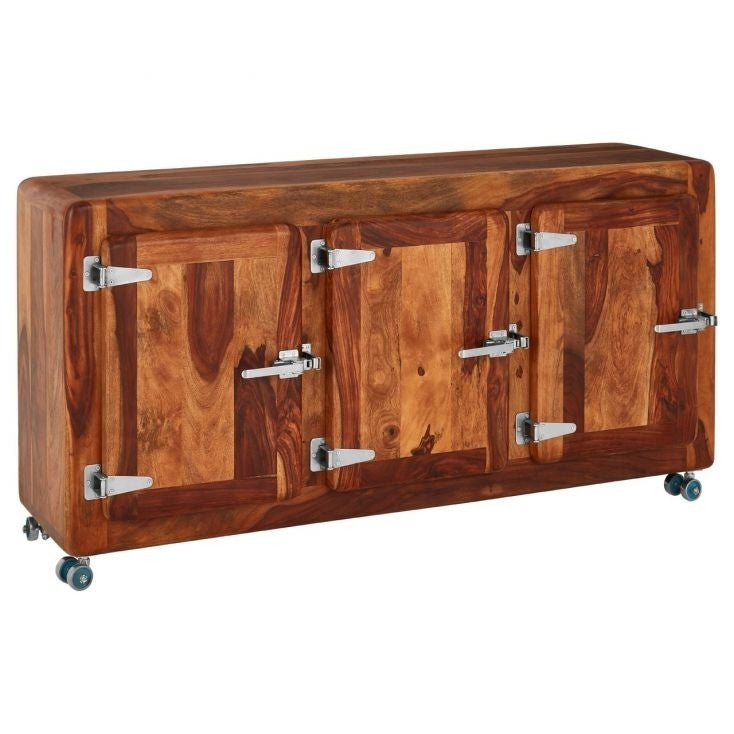 Vintage Sheesham Wood Sideboard with Wheels - Retro Style Natural Finish 145cm - Perfect for Living Room, Dining Room, or Bedroom Storage