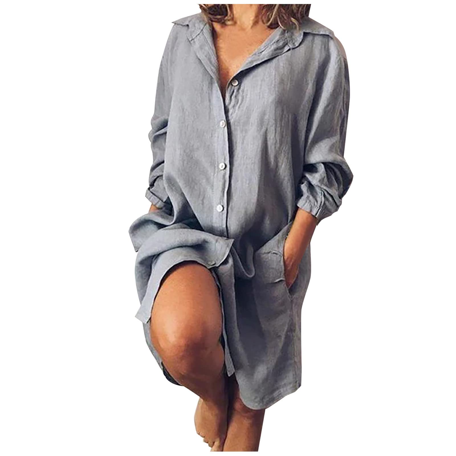 Women's Summer Dresses - Solid Color Loose Fit Long Sleeve Shirt Dress with Double Pockets | Cotton Linen Blend Cardigan Dress for Casual Wear, Office, and Outdoor Activities