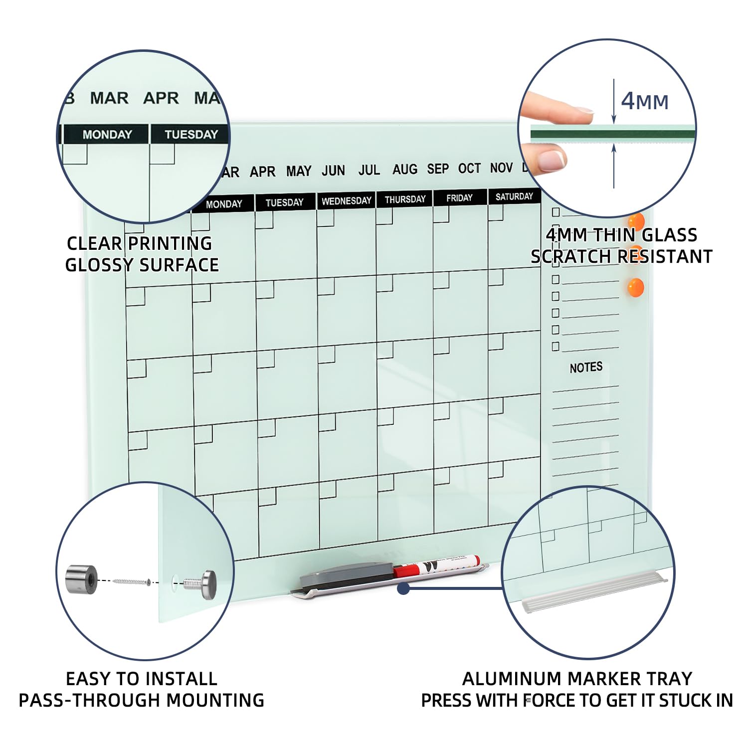 TSJ OFFICE 36 x 24 Inches Magnetic Glass Whiteboard - Monthly Dry Erase Calendar for Wall, Large Glass White Board for Office, Home & School - Perfect for Scheduling, Planning & Organizing Tasks