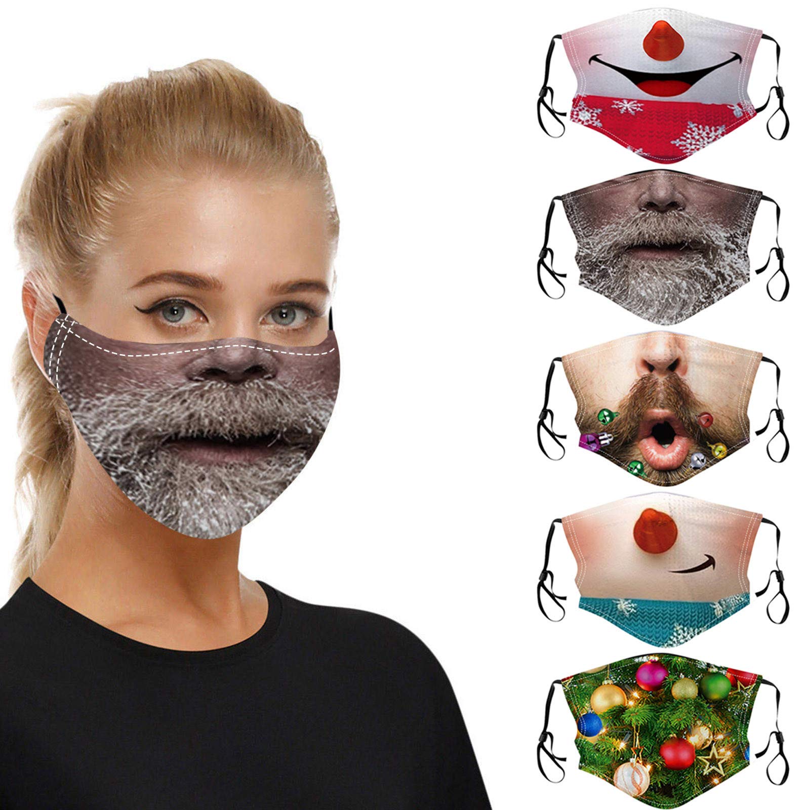 5-Pack Christmas Face Masks for Adults - Adjustable Ear Loops, Funny Holiday Prints, Reusable & Washable Balaclava for Men & Women - Perfect for Holiday Parties, Gift Exchanges & Winter Outdoor Activities