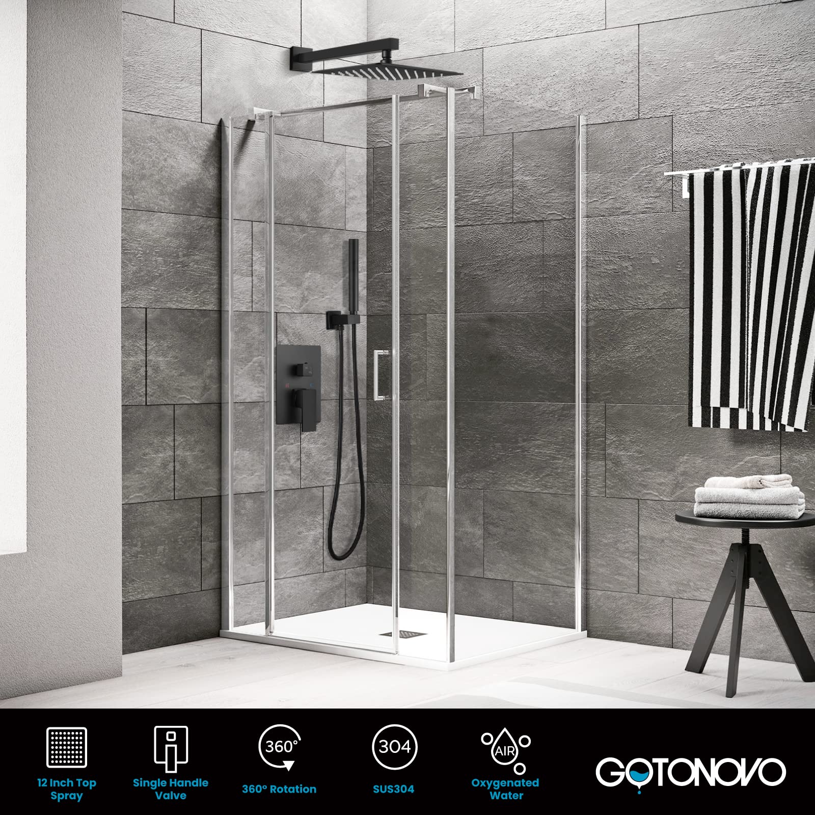 Gotonovo Matte Black 12 Inch Square Shower Faucet Set - Wall Mount Rainfall Shower System with 2-in-1 Cylindrical Handheld Showerhead and Rough-in Valve for Modern Bathroom Renovation | Perfect for Spa-Like Shower Experience and Luxury Home Upgrade