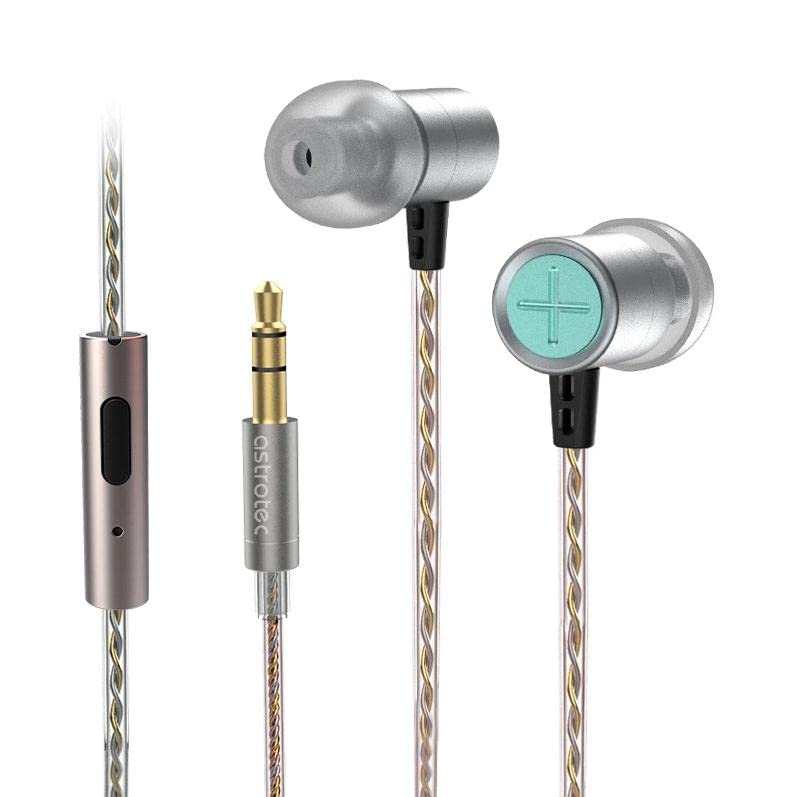 Astrotec Vesna Wired Earbuds with Mic - HiFi LCP Diaphragm In-Ear Monitors, Noise Isolating Portable Earphones for Sports & Gym, Neutral Balanced Sound (Silver) - Perfect for Running, Workouts & Commuting