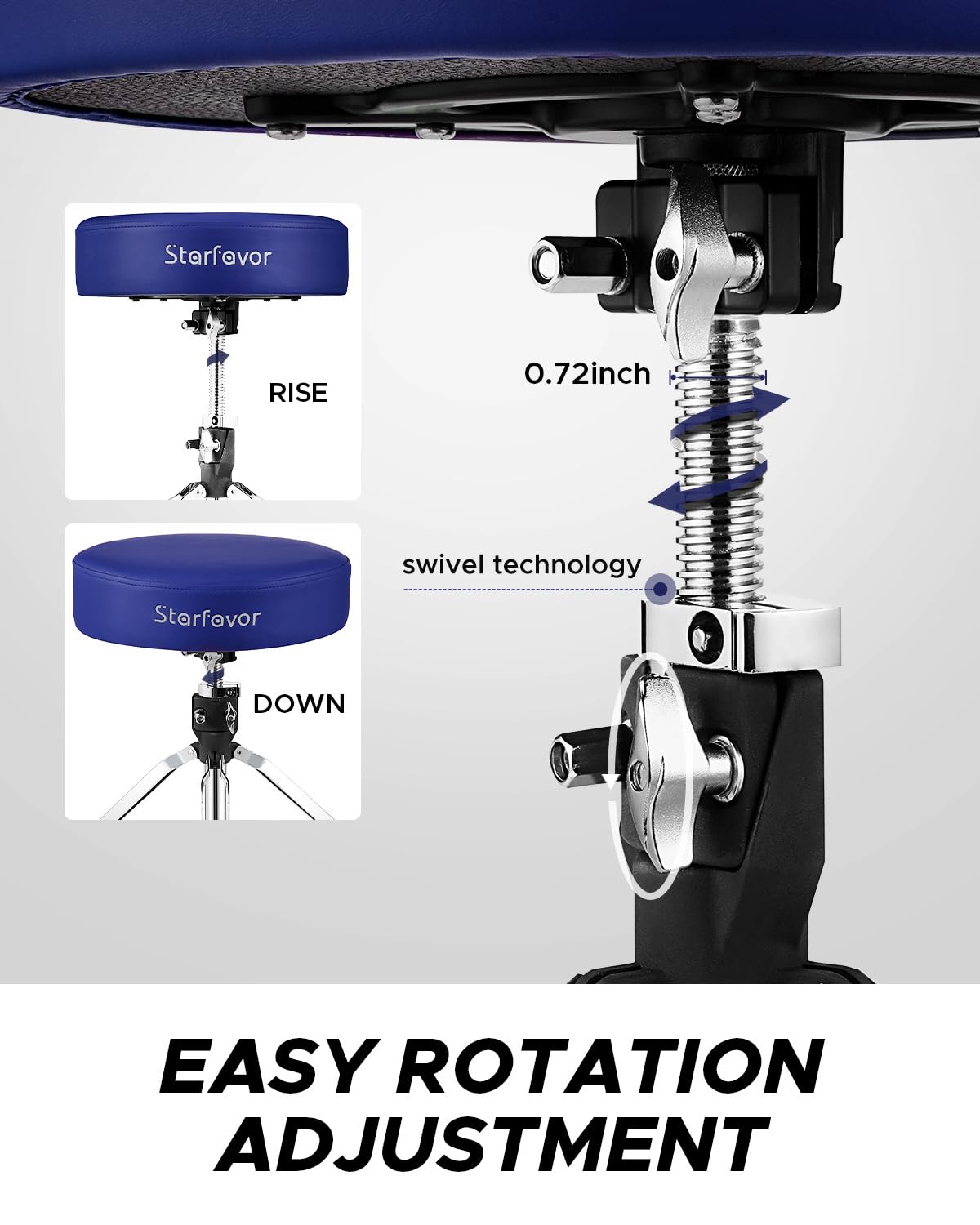 Starfavor Adjustable Drum Throne - Padded Rotatable Drum Stool with Double Braced Anti-Slip Feet - ST-650 Stone (Crimson/Blue) - Perfect for Drummers, Music Practice & Live Performances