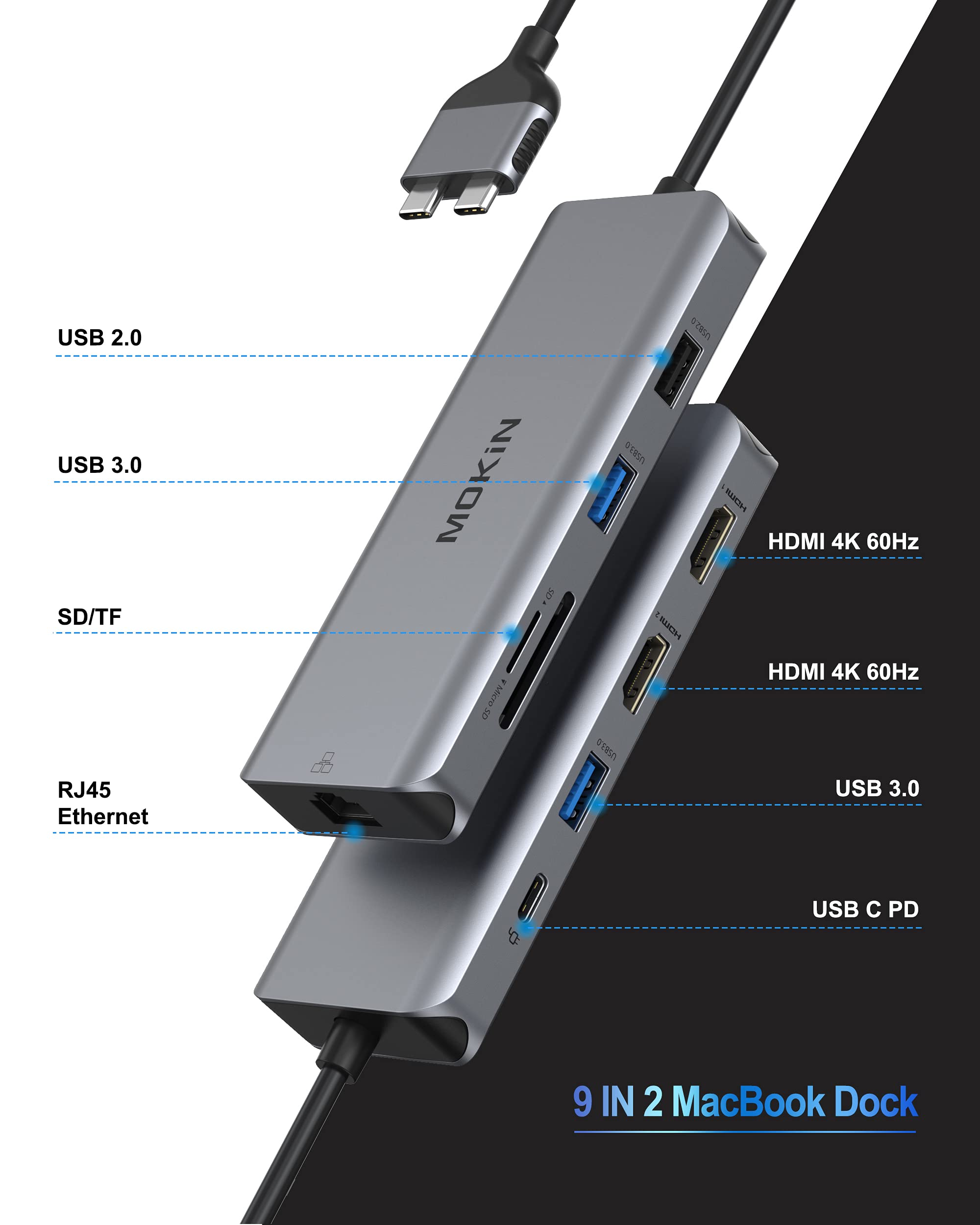 9-in-1 USB C Hub for MacBook Pro/Air - Dual HDMI 4K Adapter, 100W PD Charging, Ethernet, 3 USB Ports, SD/TF Card Reader - Perfect for Home Office, Video Editing & Multi-Monitor Setup