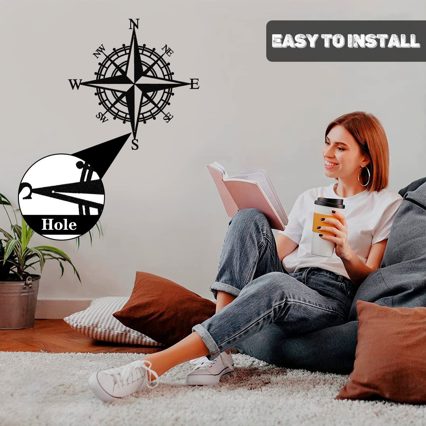 Black Metal Nautical Compass Wall Decor - 43cm Decorative Compass for Living Room, Office, Porch, Garden, Patio | Perfect for Coastal, Nautical & Travel Themed Home Decor