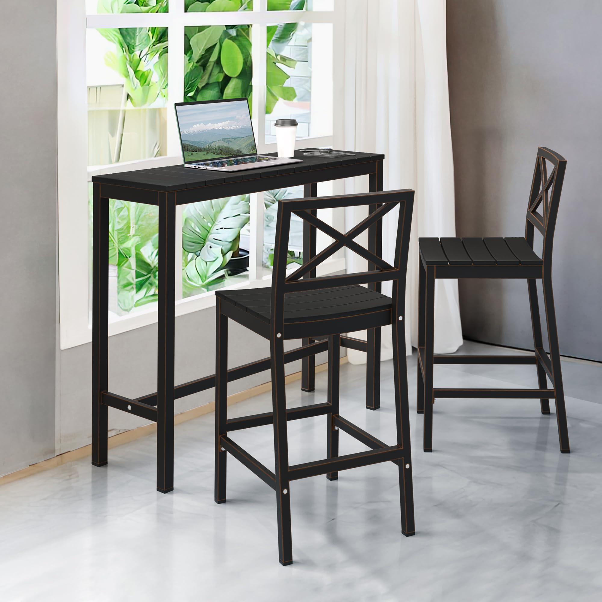 Outdoor Bar Height Table and Chairs Set - 3-Piece Black Patio Pub Set with 45