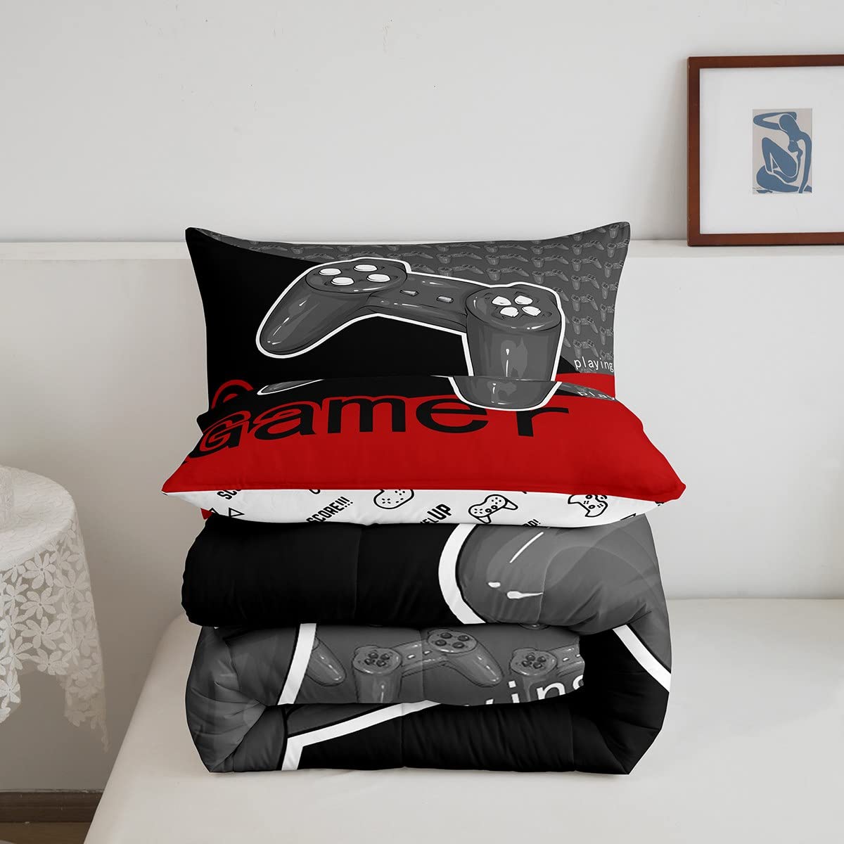 Erosebridal Boys Full Bedding Sets - Soft Gaming Comforter Sets for Kids & Toddlers, Red and Grey Bedding Collection - Perfect for Kids' Rooms, Sleepovers, and Gaming Themed Bedrooms