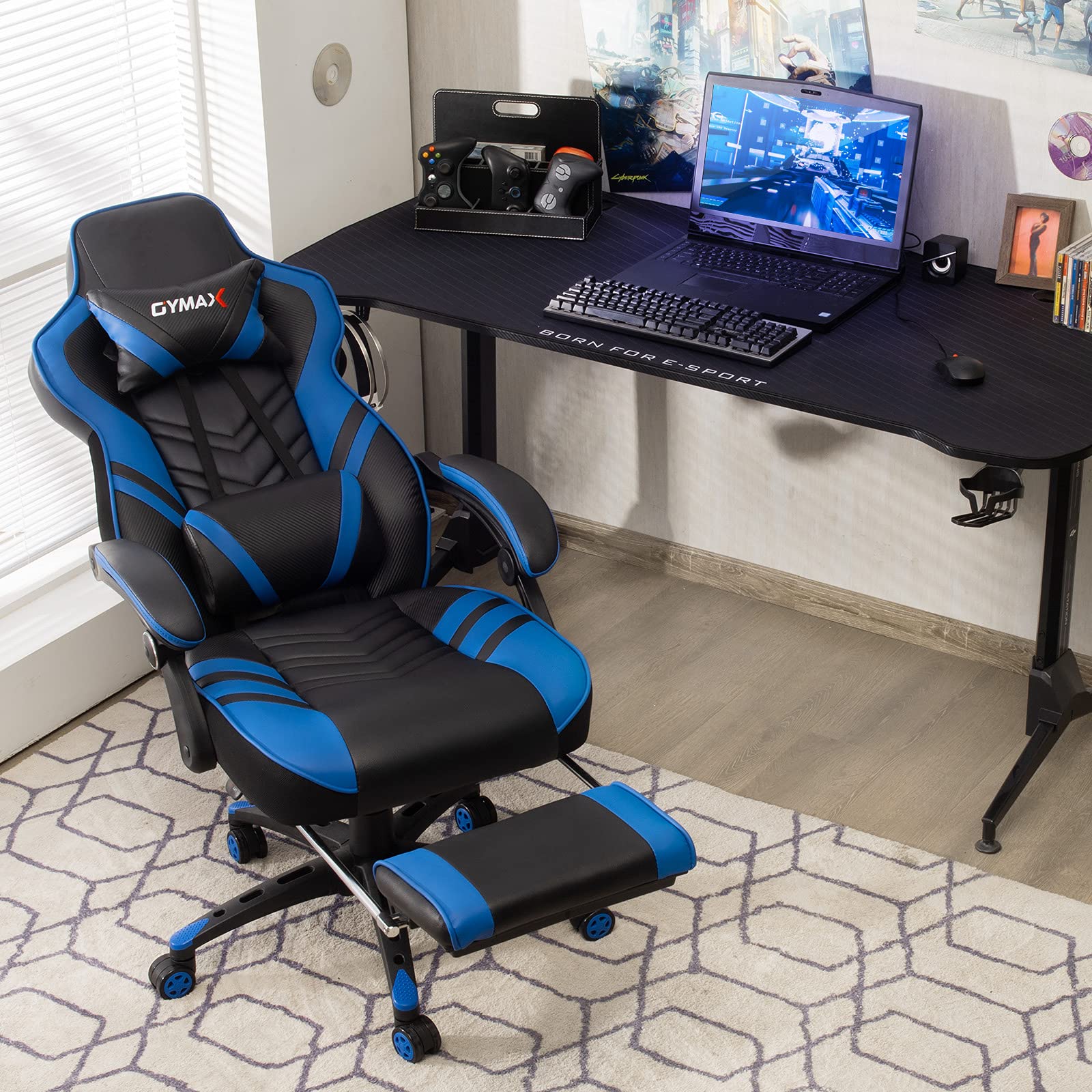 GYMAX Ergonomic Gaming Chair with Footrest - Adjustable Linkage Armrests & Lumbar Support - High Back Reclining Office Computer Chair for Adults & Teens - Perfect for Gaming, Working & Home Office (Blue)