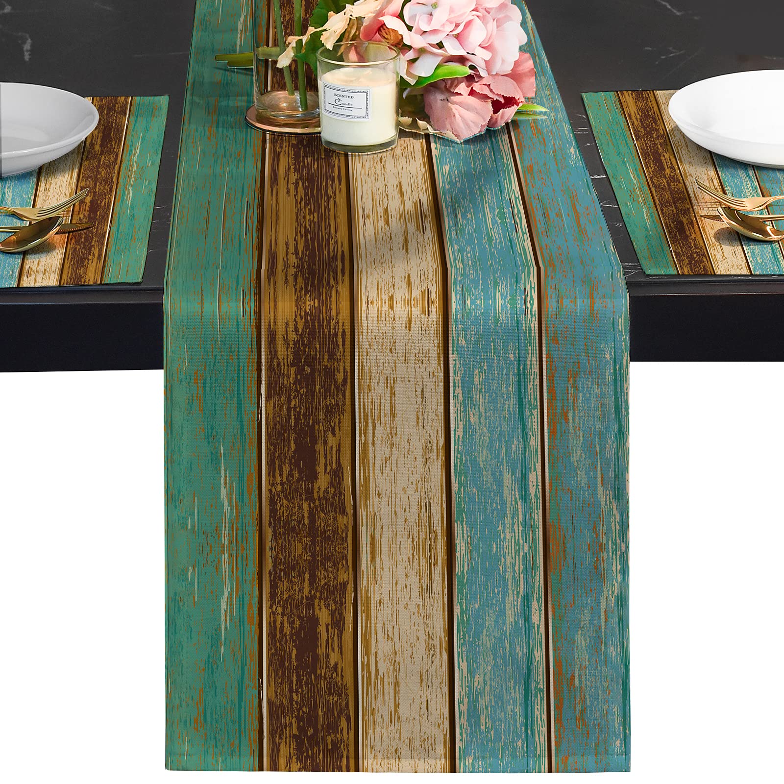 Farmhouse Table Runners 72 Inches Long - Wood Grain Spring Table Runner in Old Barn Wood Blue Brown - Heat Resistant Kitchen & Dining Room Decor for Coffee Tables, Perfect for Rustic Weddings and Seasonal Home Styling
