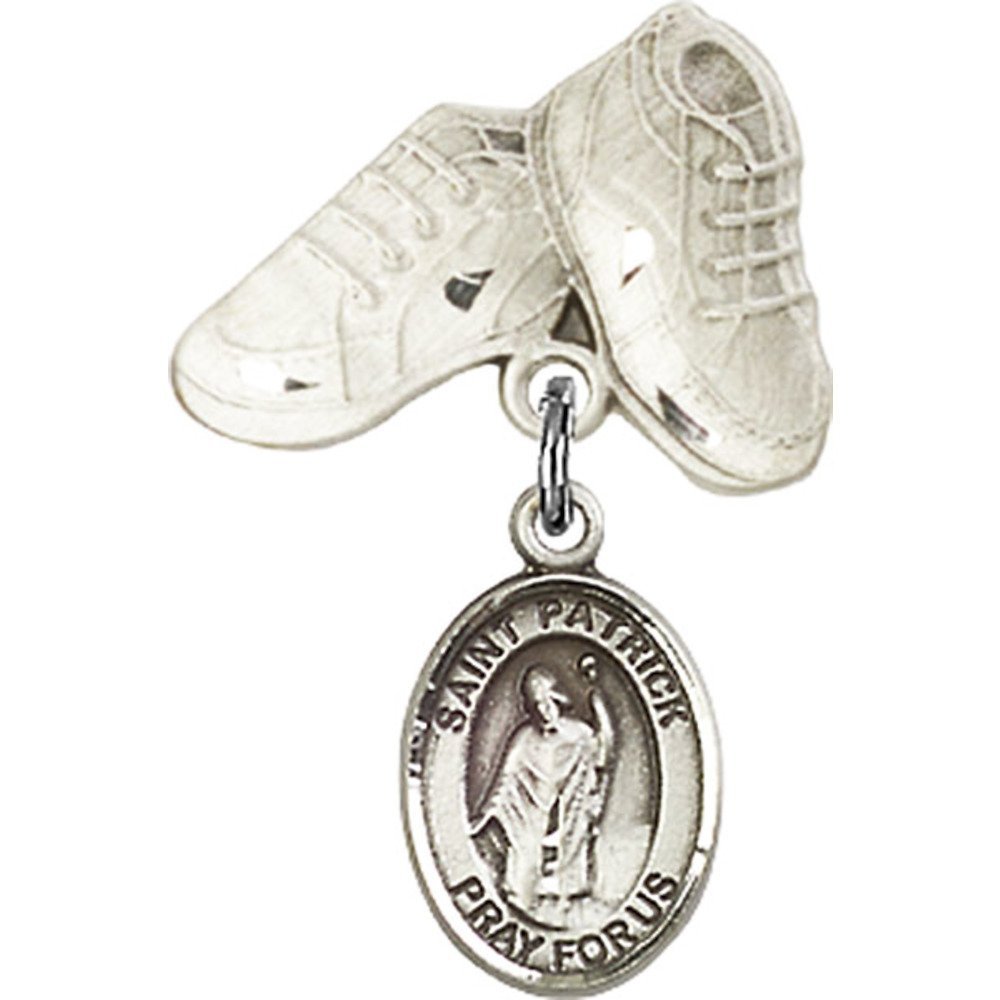 Sterling Silver Baby Badge with St. Patrick Charm & Baby Boots Pin - 1 X 5/8 Inch - Perfect for Christening, Baptism, First Communion & Baby Shower Gifts