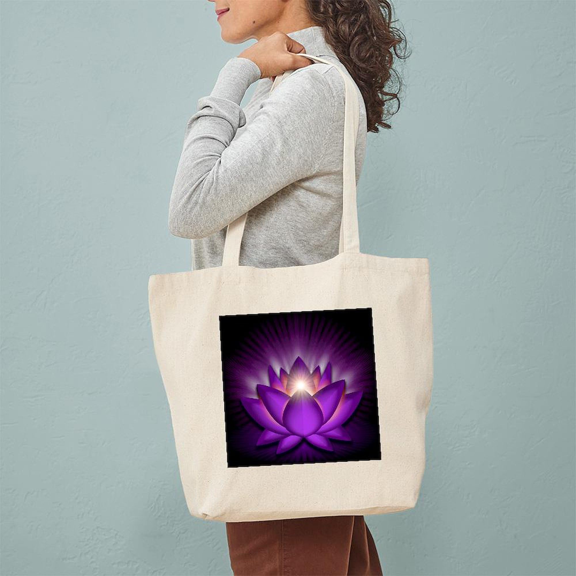 Chakra Lotus Crown Violet Square Tote Bag - Natural Canvas Reusable Shopping Bag for Yoga, Meditation & Eco-Friendly Grocery Shopping