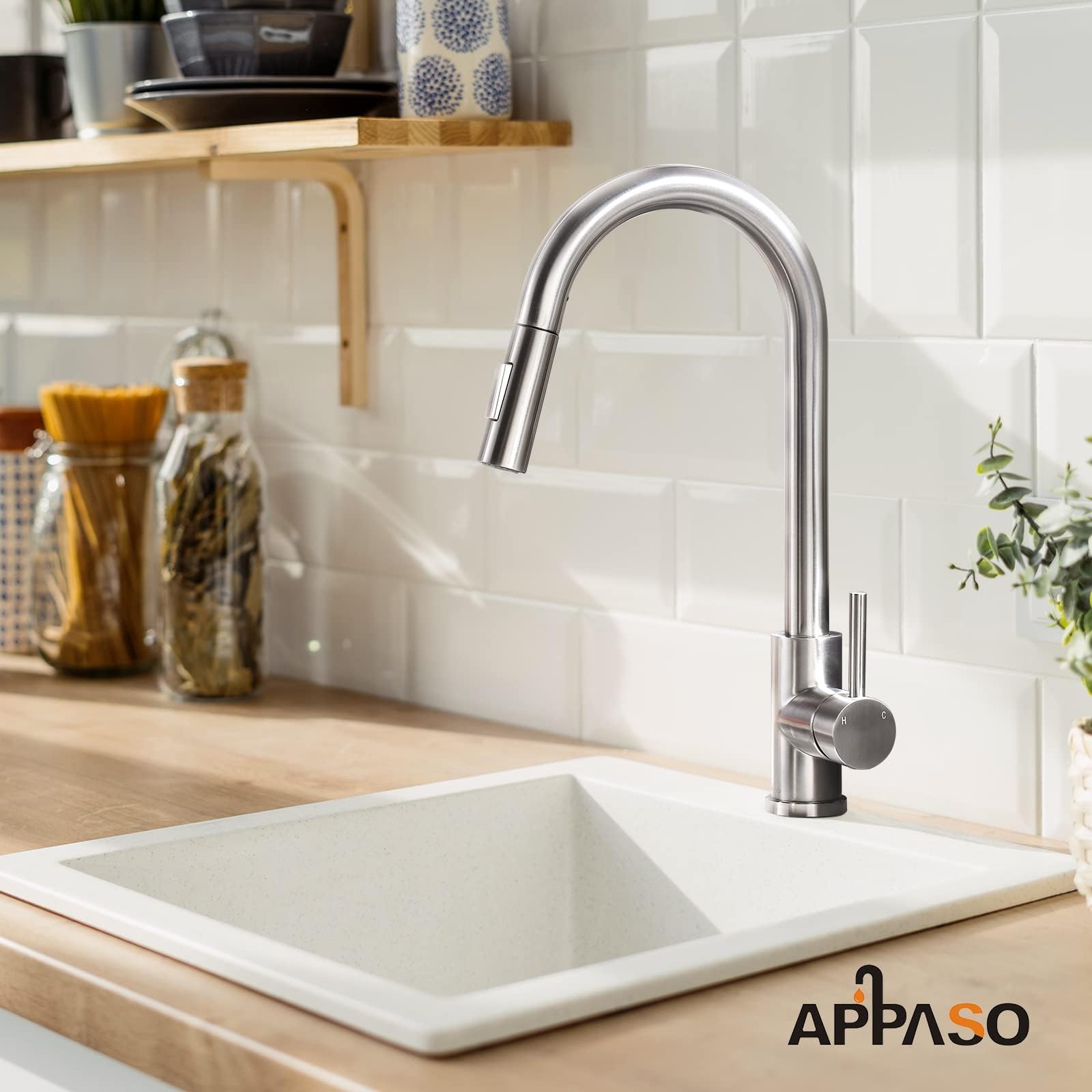 APPASO Brushed Nickel Kitchen Faucet with Pull Down Sprayer and Soap Dispenser - Stainless Steel Modern Sink Faucet for RV, Bar, and Home Kitchen Use | Perfect for Washing Dishes, Filling Pots & Cleaning Produce
