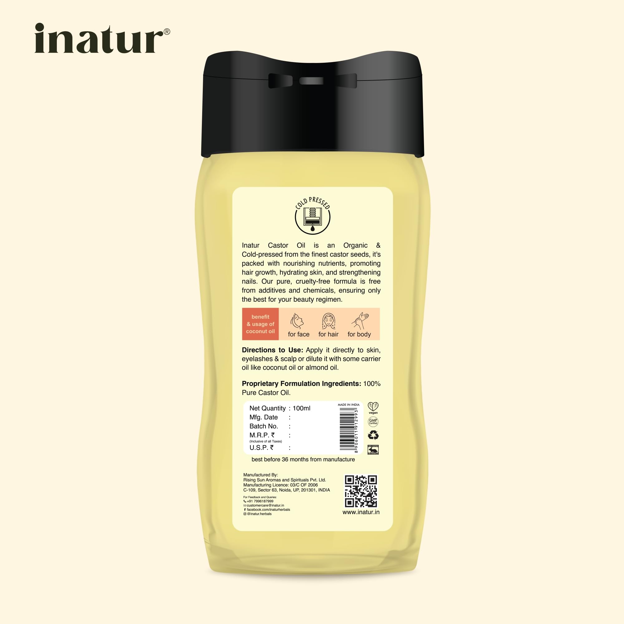 100% Pure Cold Pressed Castor Oil 100ml - Organic & Natural Hair Growth Oil for Eyebrows, Eyelashes, Scalp & Skin Care | Nourishes Dry Skin, Strengthens Hair & Nails | Perfect for DIY Beauty Treatments & Nighttime Hair Masks