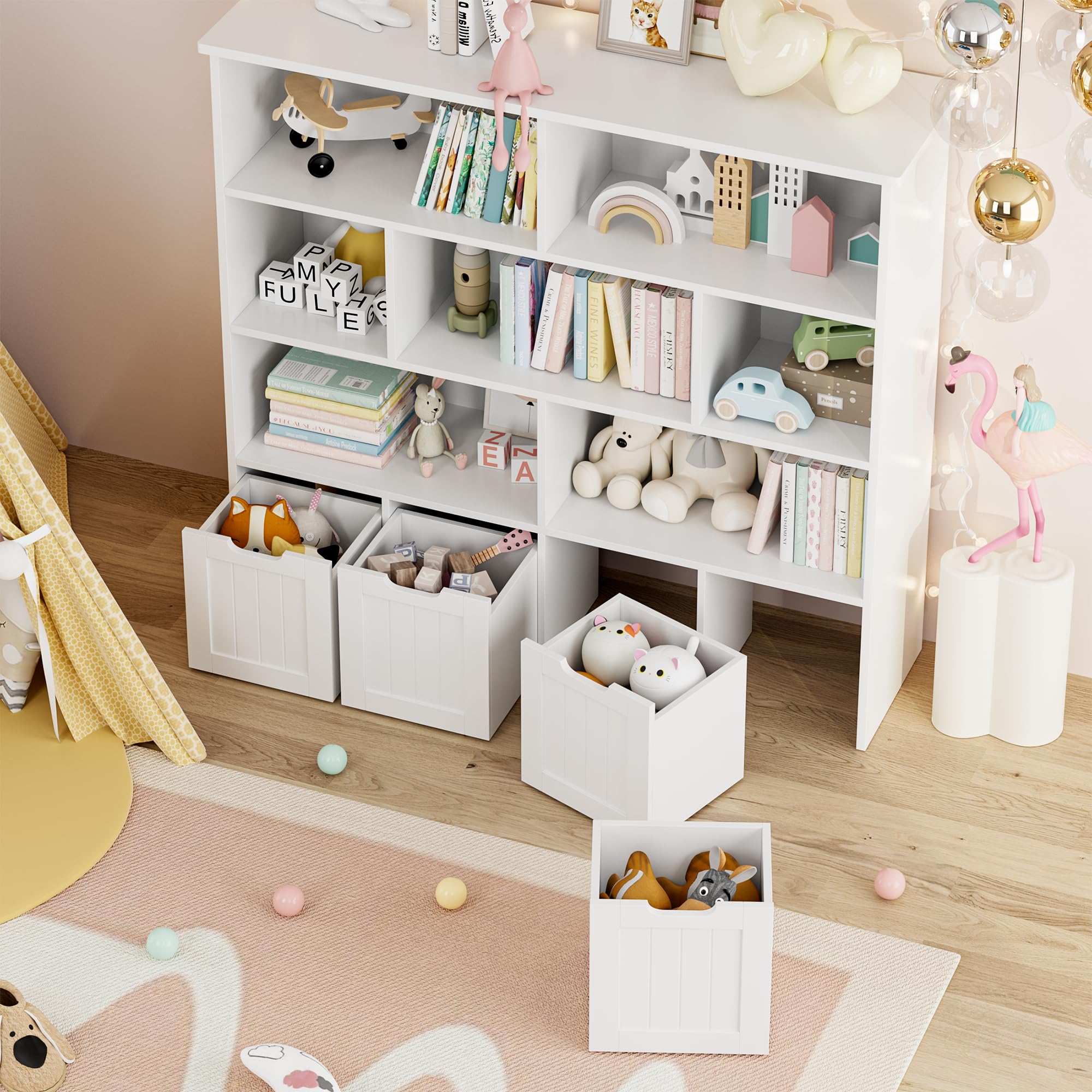 FINETONES Large Toy Storage Organizer with 4 Movable Drawers & 7 Storage Cubbies - Kids Bookshelf, Toy Chest Shelf with Hidden Wheels - Perfect for Playroom, Nursery & Bedroom Organization (White)