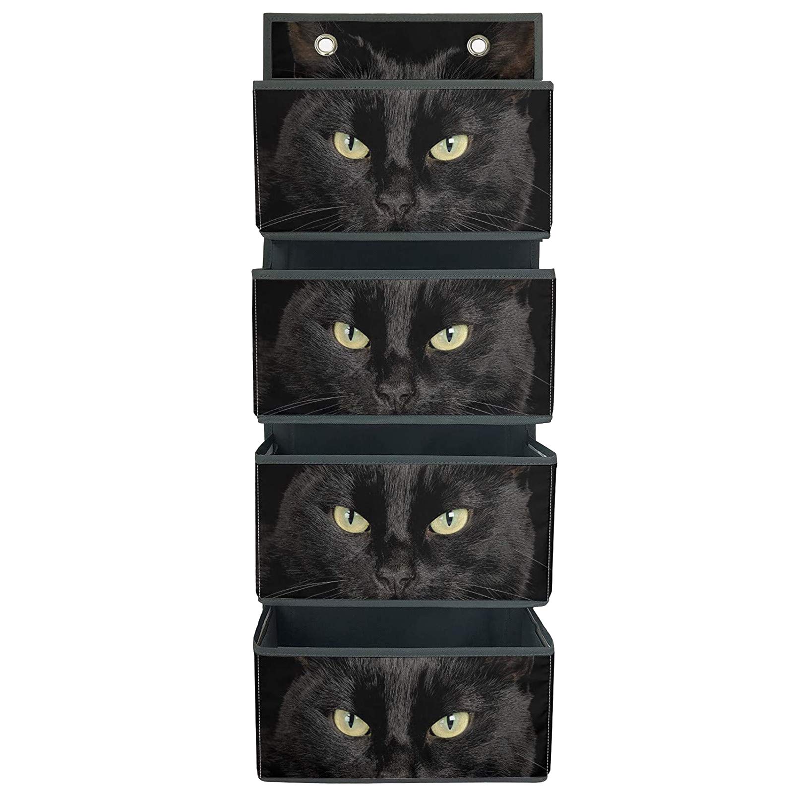 UNICEU Over The Door Hanging Storage Organizer - 4 Pocket Wall Mount Closet Bag for Bedroom, Bathroom & Dorm - Cool Black Cat Print Design | Space Saving Door Organizer for Towels, Toys, Accessories & More