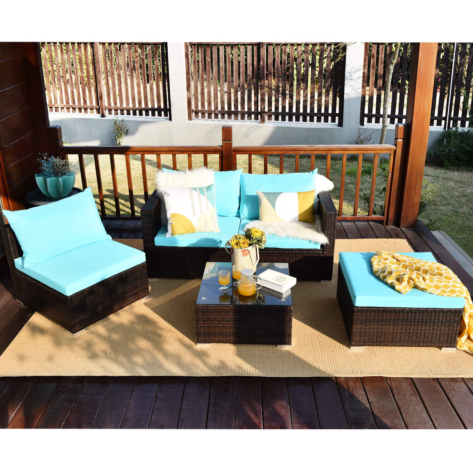 Tangkula 5-Piece Outdoor Patio Furniture Set - Sturdy Wicker Sectional Sofa with Glass Top Coffee Table, 360lb Weight Capacity - Turquoise Patio, Garden & Poolside Furniture for 4 People - Perfect for Backyard Relaxation, Outdoor Entertaining & Pool Parties