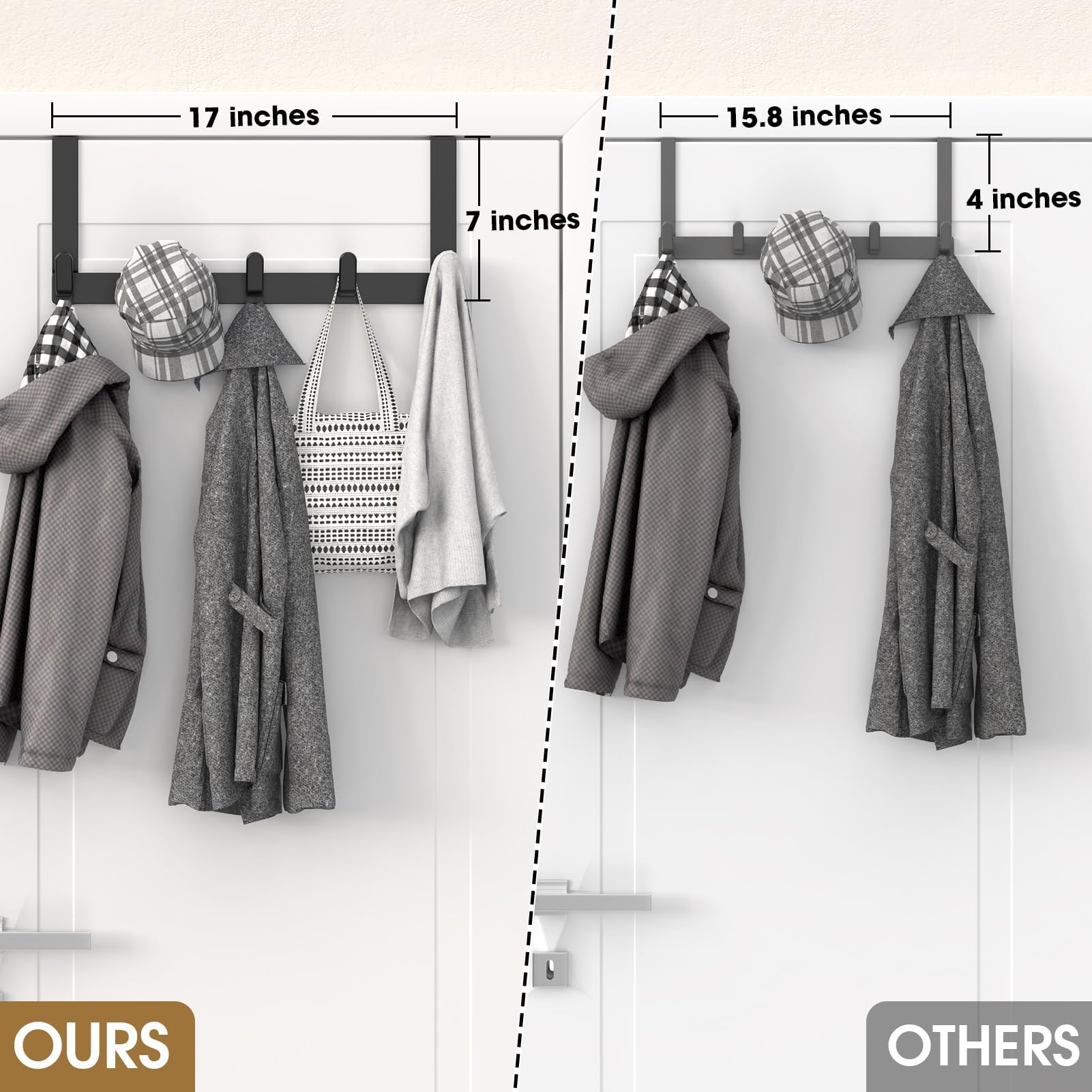 Over The Door Hooks Hanger - 2 Pack with Extended Brackets for Easy Installation - Matte Black Bathroom Towel Rack Organizer - Perfect for Bathroom, Bedroom, and Closet Storage Organization