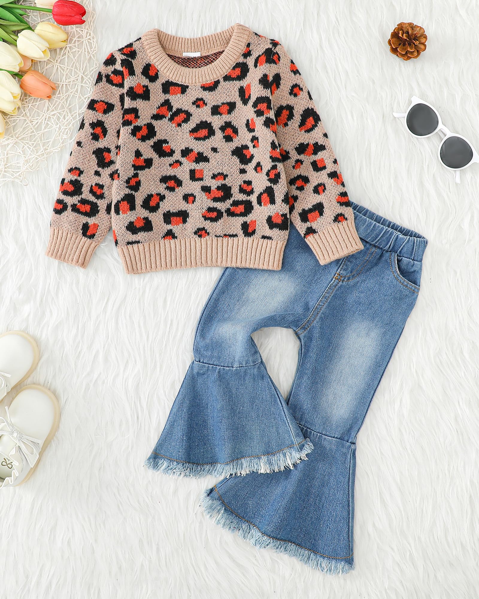 Mioglrie Toddler Girl Winter Outfit Set - Cozy Pullover Sweater & Flare Jeans for Baby Girls | Cute Denim Outfits & Baby Gift Ideas | Perfect for Holiday Photos, Playdates & Winter Adventures