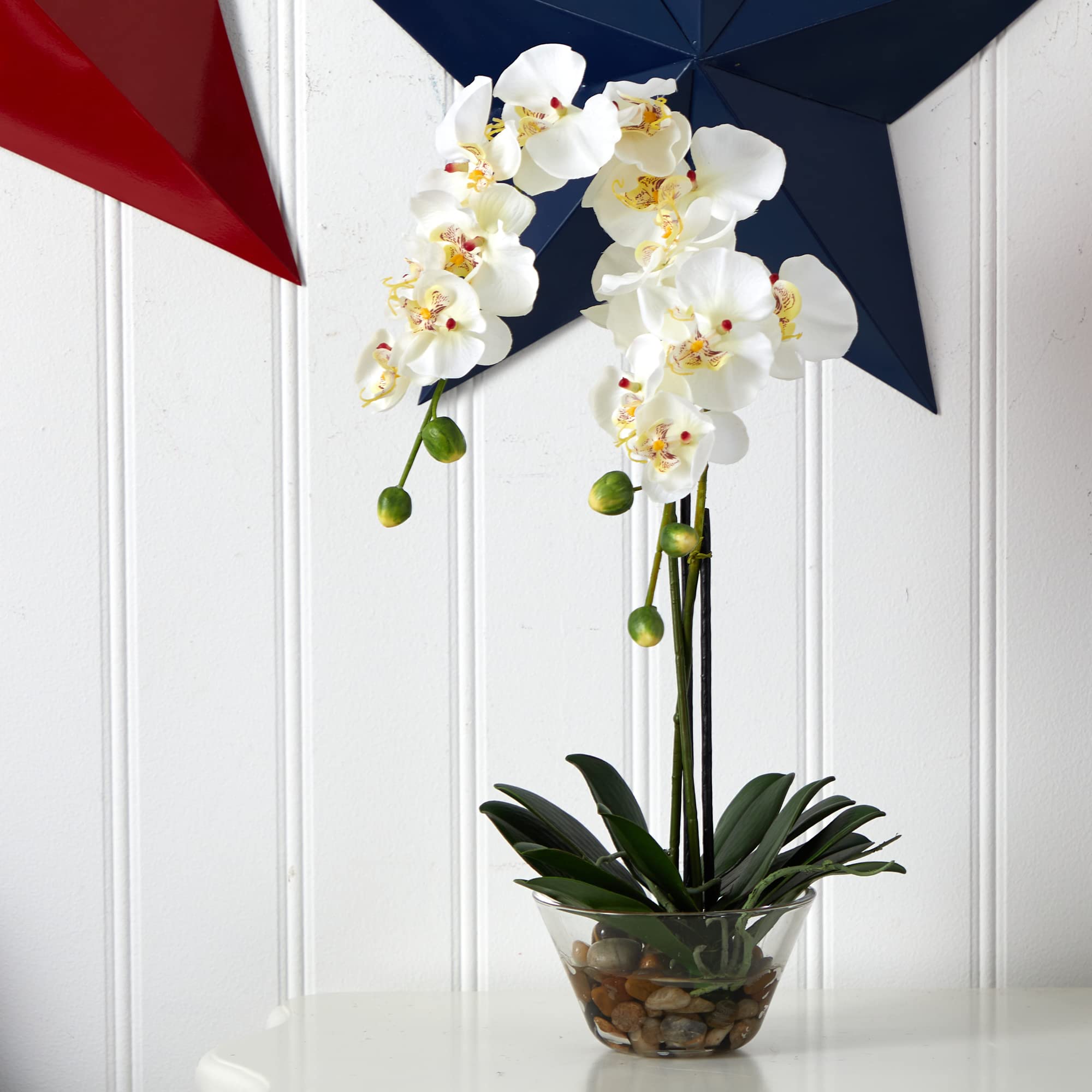 Nearly Natural 4643-WH White Phalaenopsis Silk Flower Arrangement with Glass Vase - 29
