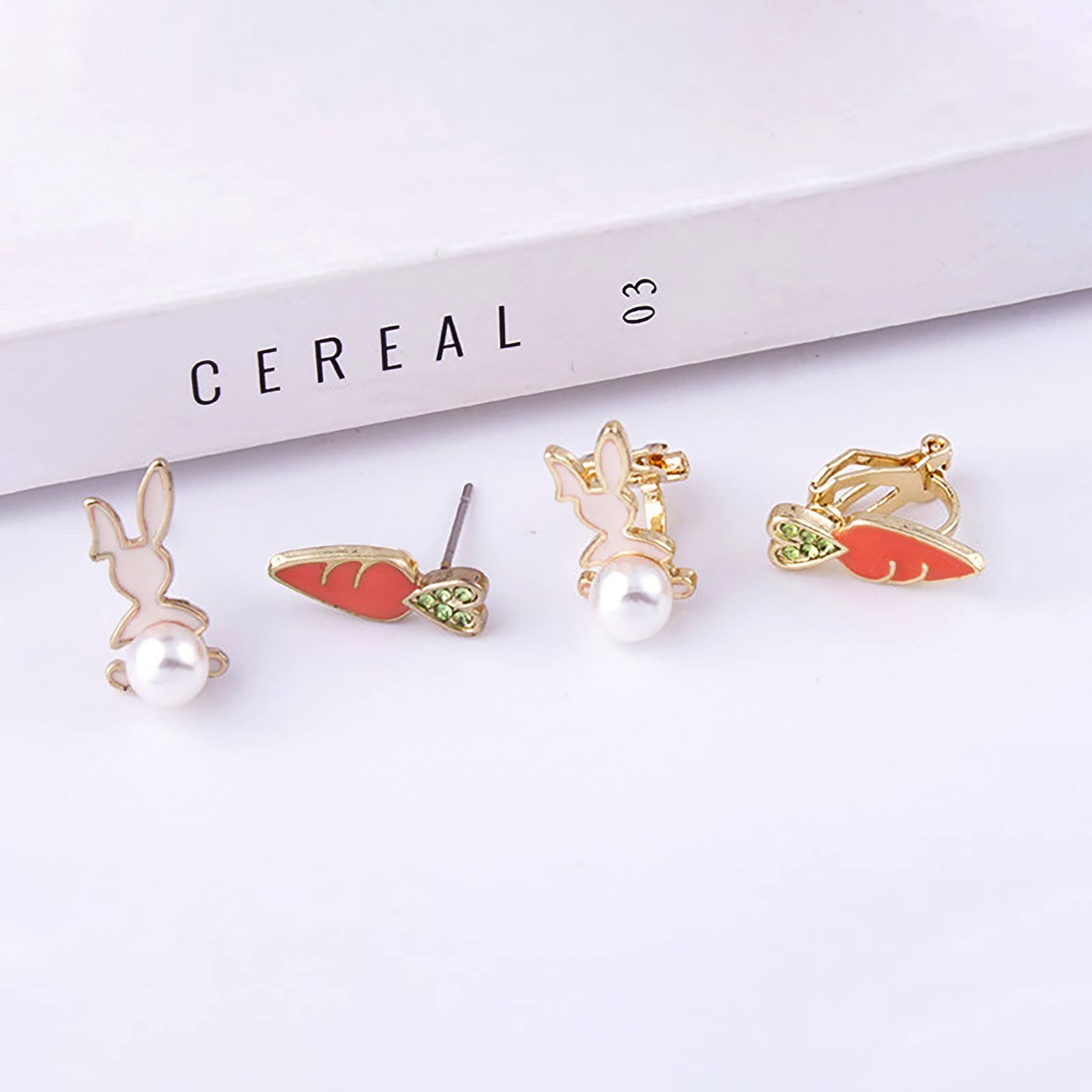 Cute Easter Bunny Rabbit & Carrot Stud Earrings for Women - Pearl Animal Jewelry Gifts for Easter Celebration, Party & Spring Outfits