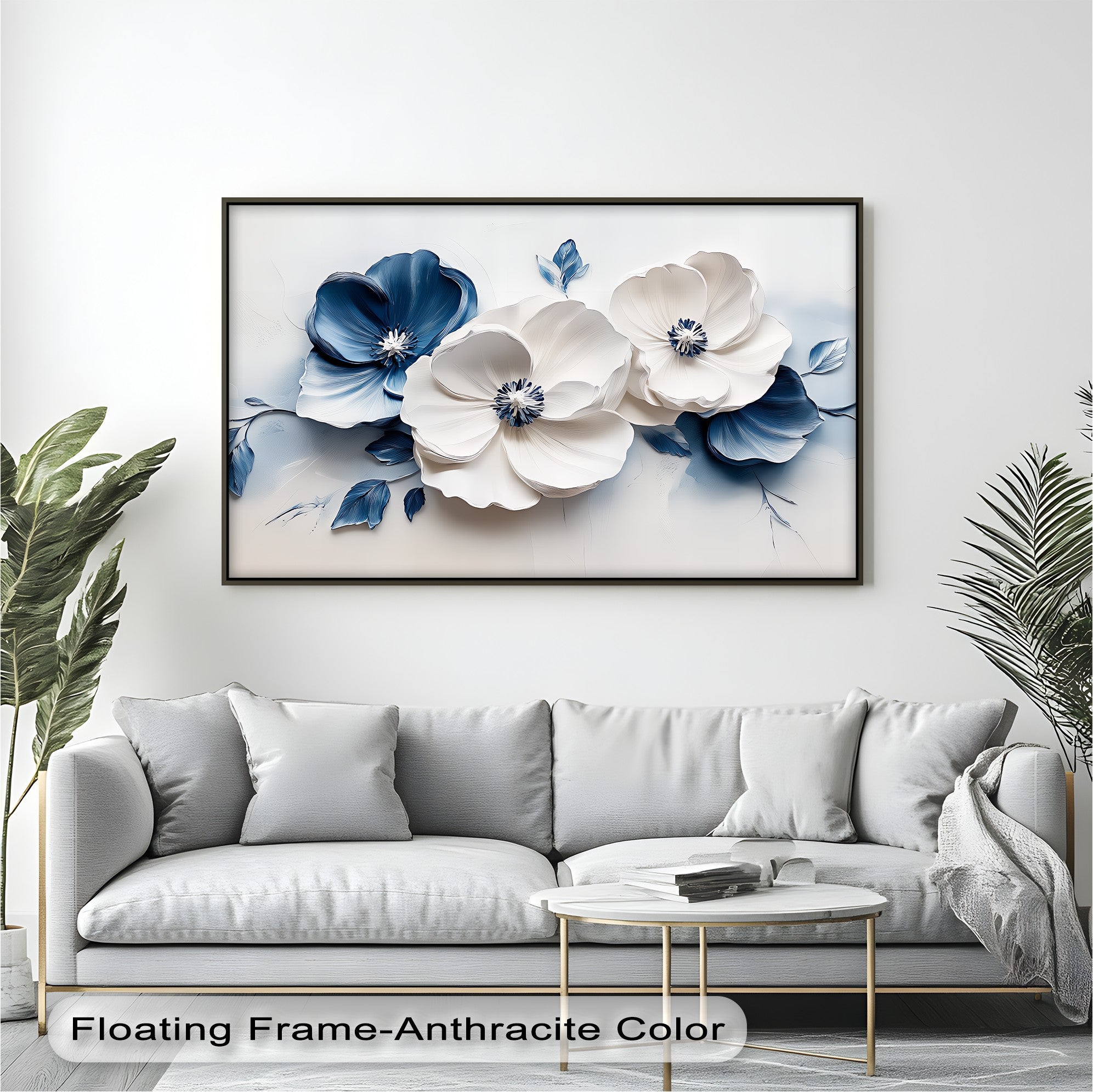 Blue Serenity Blooms Floral Canvas Wall Art - Navy & White Botanical Painting for Living Room, Bedroom Decor | Home & Office Wall Hanging