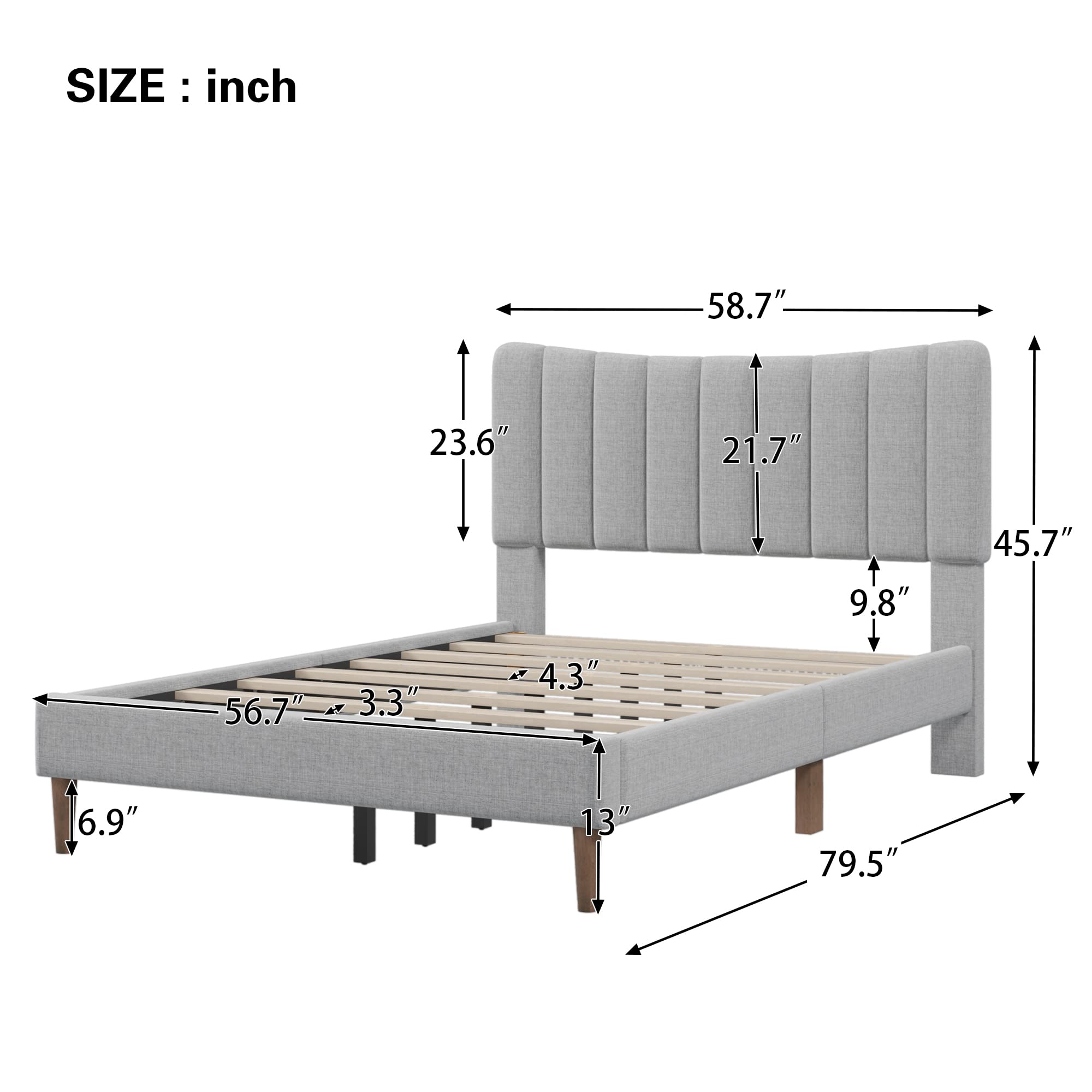 SOFTSEA Full Size Bed Frame with Vertical Channel Headboard - Modern Linen Upholstered Platform Bed with Sturdy Wood Slat Support, No Box Spring Required, Gray | Perfect for Small Bedrooms, Guest Rooms & Modern Apartments