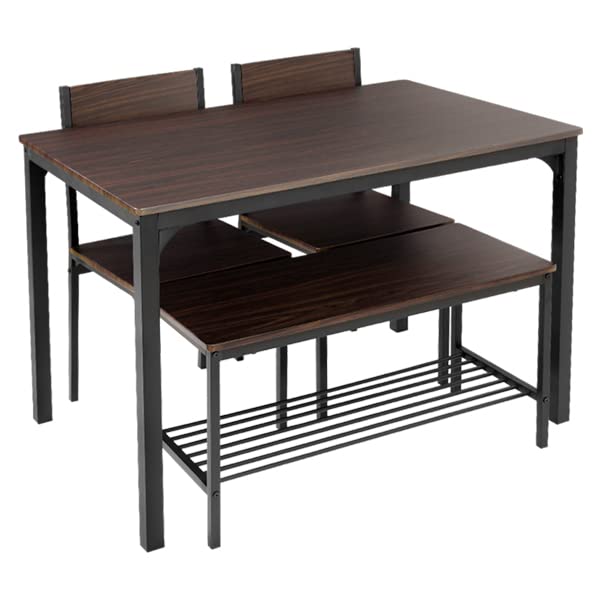 DLandHome 4-Piece Rustic Oak Dining Table Set with 2 Chairs & 2 Benches - Space-Saving Rectangular Kitchen Table for Small Homes & Apartments - Perfect for Family Dinners, Breakfast Nooks & Compact Dining Spaces