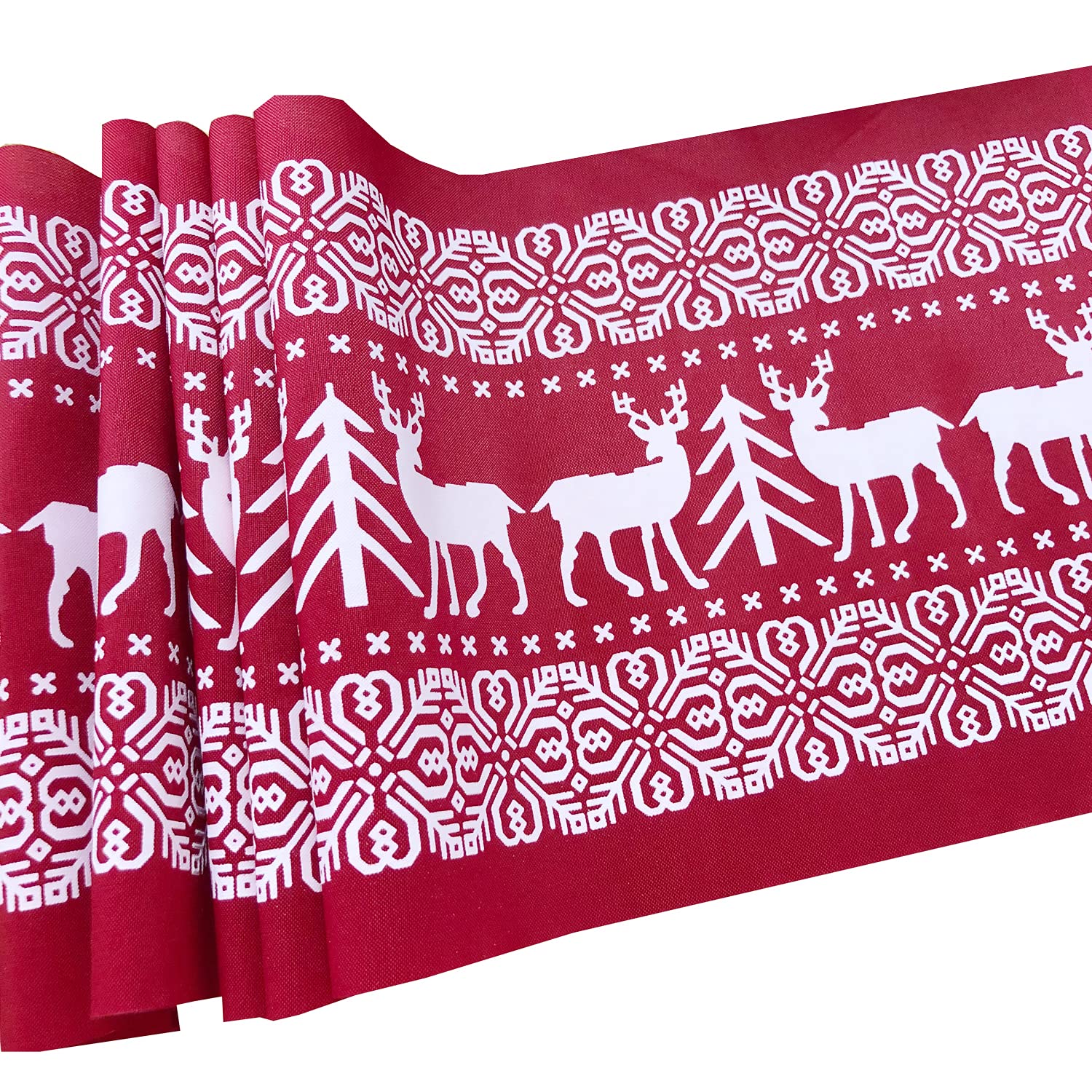 Linen Table Runner, 11''x 108'', Christmas Elk Design, New Year Rectangle Dining Room Decoration, White, Suitable for Holiday and Everyday Use