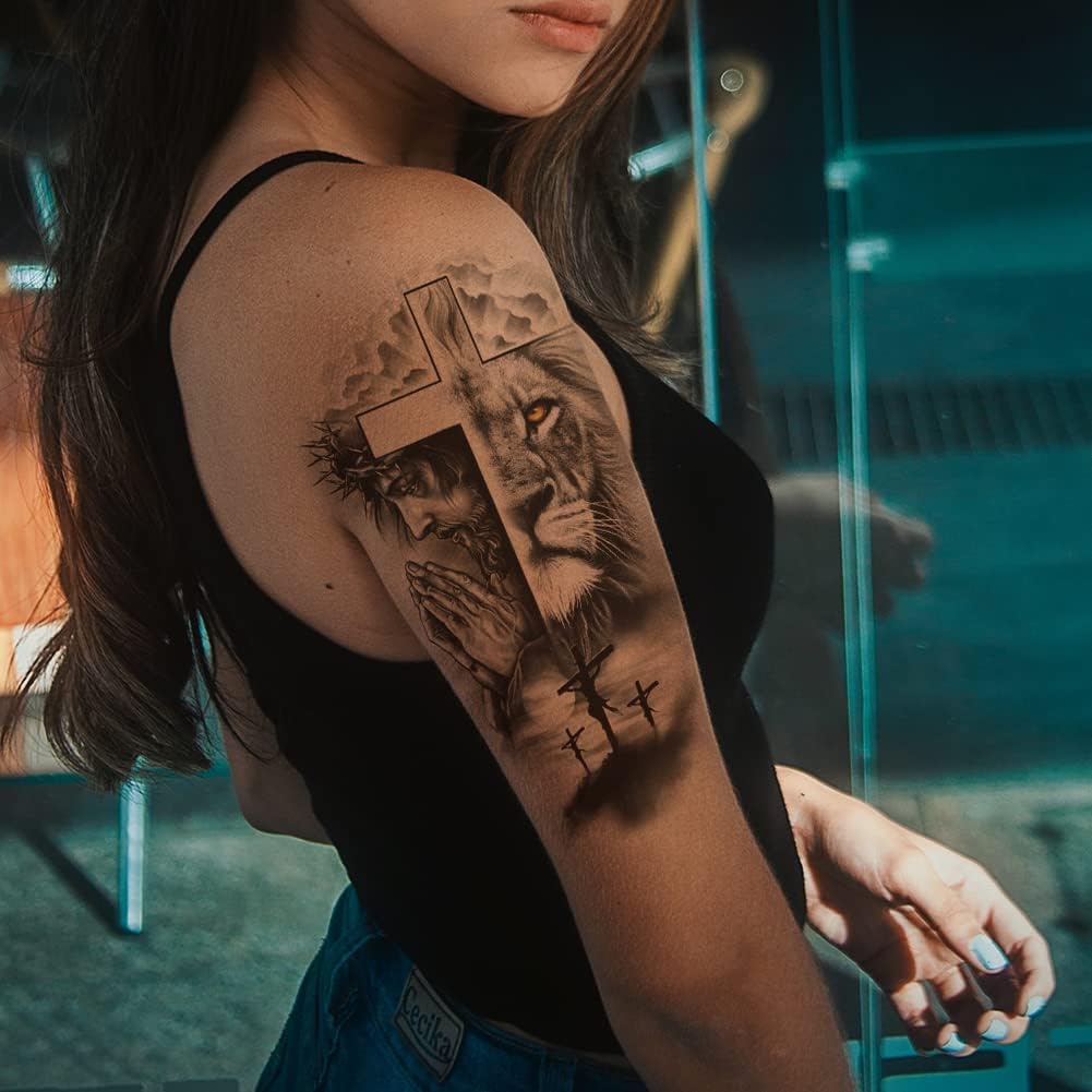 2 Pack Large Half Arm Sleeve Temporary Tattoos for Men & Women - Waterproof Fake Tattoos with Forest Lion, Jesus Cross & Old School Designs - Realistic Animal & Religious Tattoo Stickers for Halloween, Cosplay & Costume Parties
