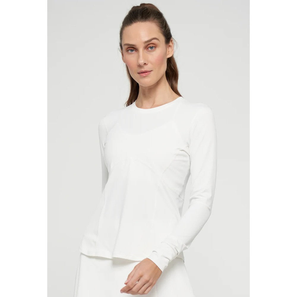 Lija Women's Titan Long Sleeve Top - White | Athletic Workout Shirt for Running, Yoga & Gym | Moisture Wicking & Breathable Activewear