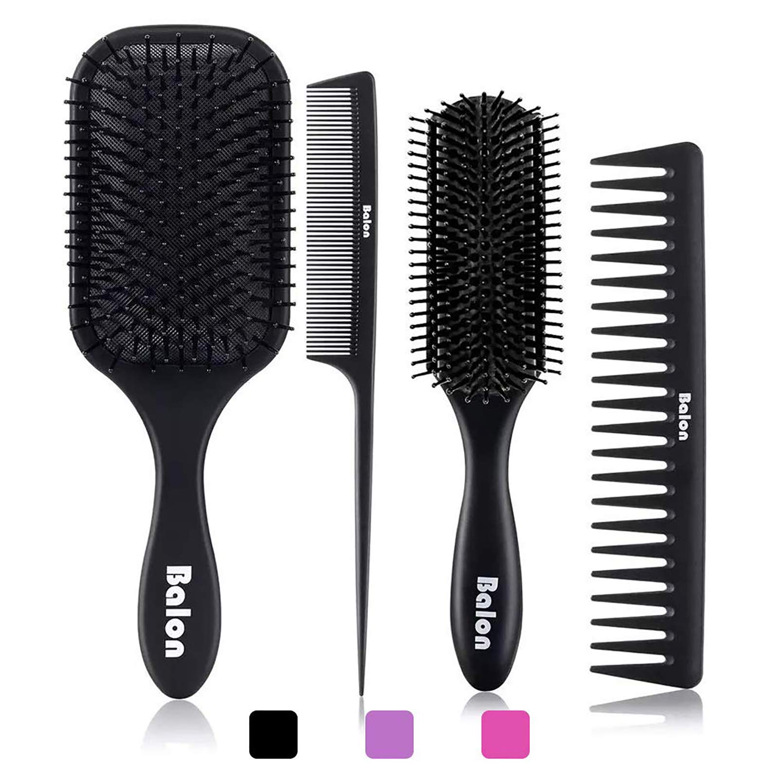 4Pcs Paddle Hair Brush Set - Detangling Brush & Hair Comb for Men & Women, Wet or Dry Hair Use, No Tangle Hairbrush for Long Thick Thin Curly Natural Hair - Perfect for Home, Travel & Salon Styling