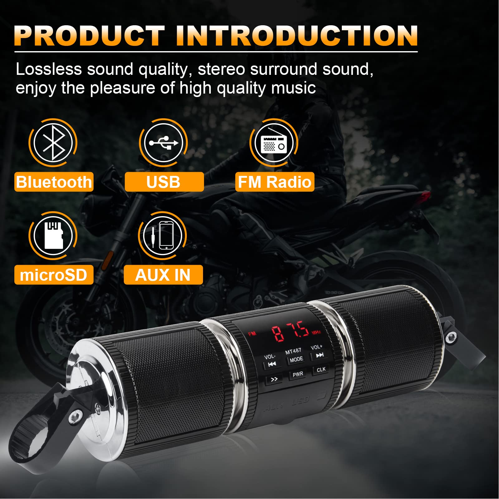Motorcycle Speaker Systems BT Waterproof Stereo Speakers Bar Mount 7/8-1.25 inch with AUX-in, USB, microSD, FM Radio, Audio Amplifier System for Motorcycle ATV UTV (MT487) - Perfect for Outdoor Adventures and Road Trips