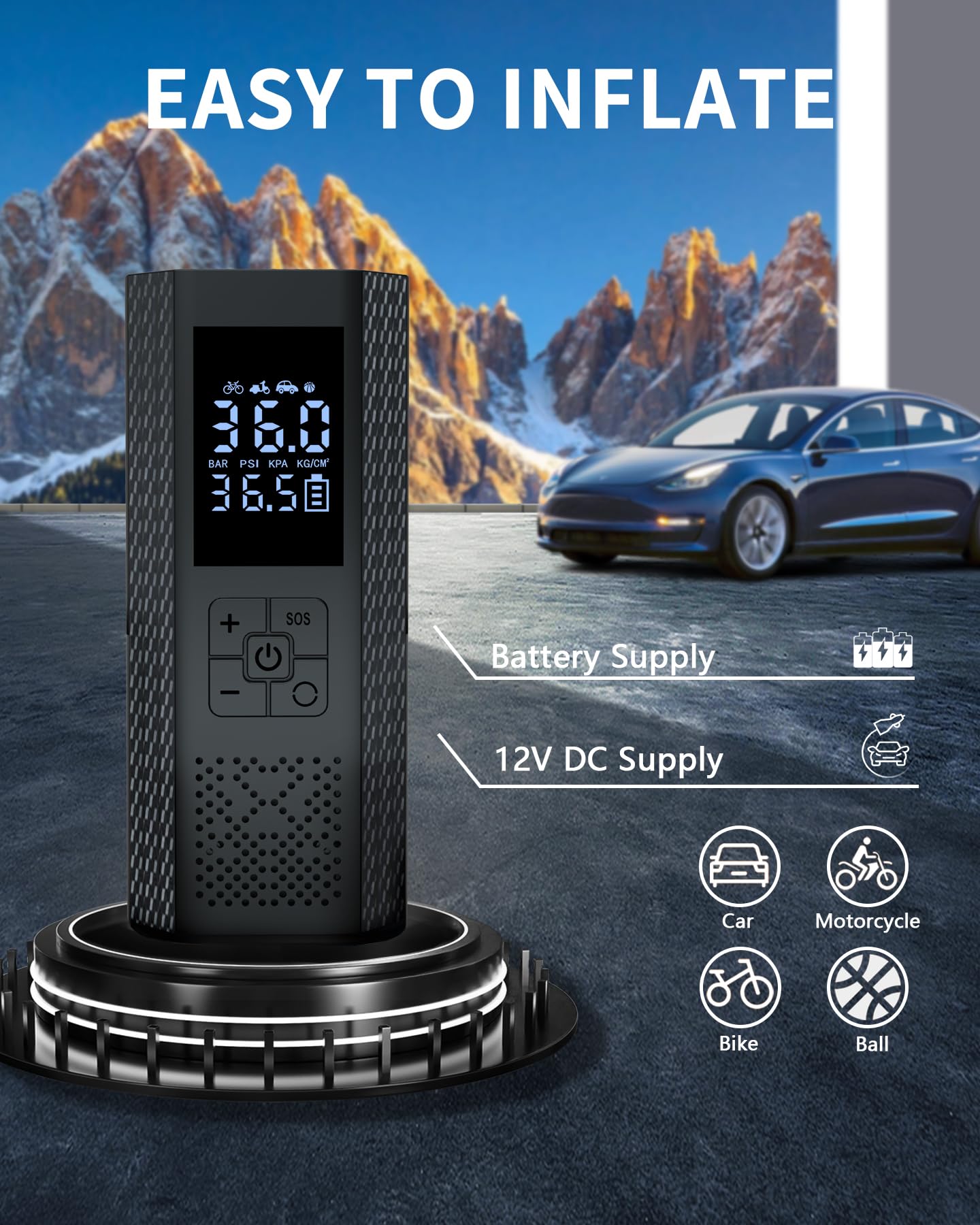 TEMOLA 150PSI Cordless Tire Inflator Portable Air Compressor - Digital LCD Display, LED Light for Car, Bike, SUV Tires - Fast Inflation for Road Trips, Emergency Use & Home Garage Maintenance