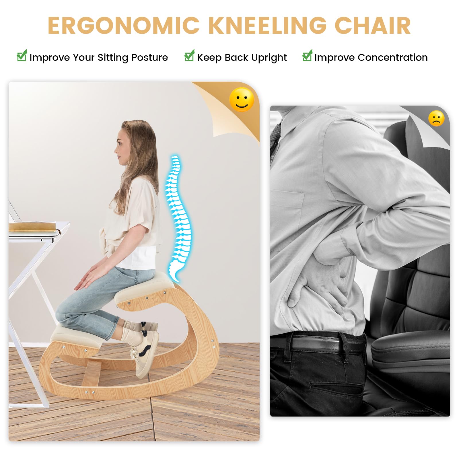 Giantex Ergonomic Kneeling Chair with Cushion - Solid Wood Posture Chair for Office, Home & Study - 330 lbs Weight Capacity - Comfortable Rocking Kneel Chair for Better Posture (White) - Perfect for Long Work Hours, Meditation & Back Pain Relief