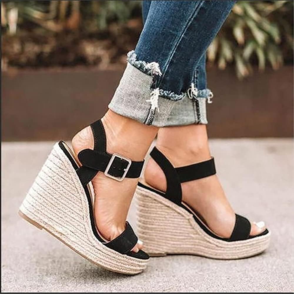 Women's Casual Summer Wedge Sandals with Ankle Strap - Open Toe Straw Woven Platform Sandals for Beach, Vacation & Outdoor Wear