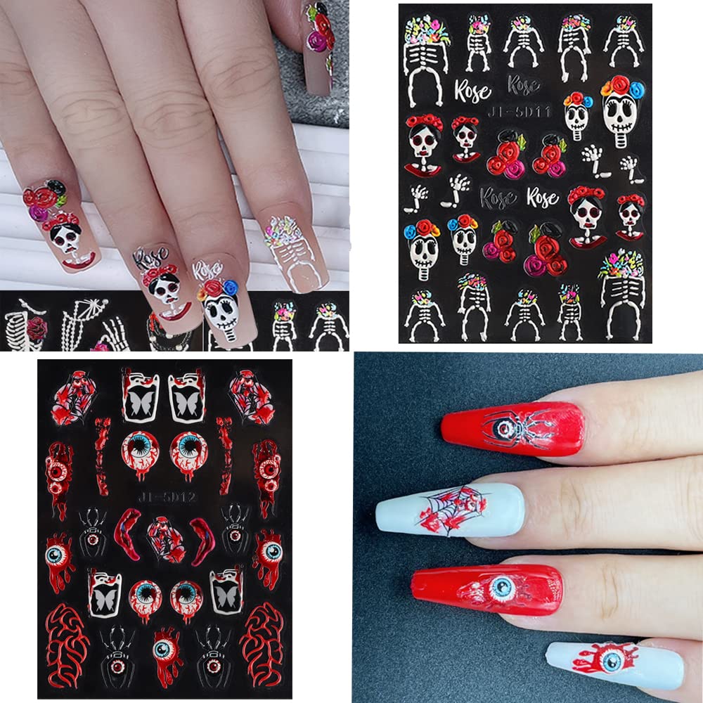5D Halloween Nail Art Stickers Kit - 2 Sheets 3D & 4 Sheets 2D Nail Decals with Flame, Moon, Eyes, Snake Designs for Halloween Party Nails - Perfect for Costume Parties, Trick or Treating & Spooky Nail Art