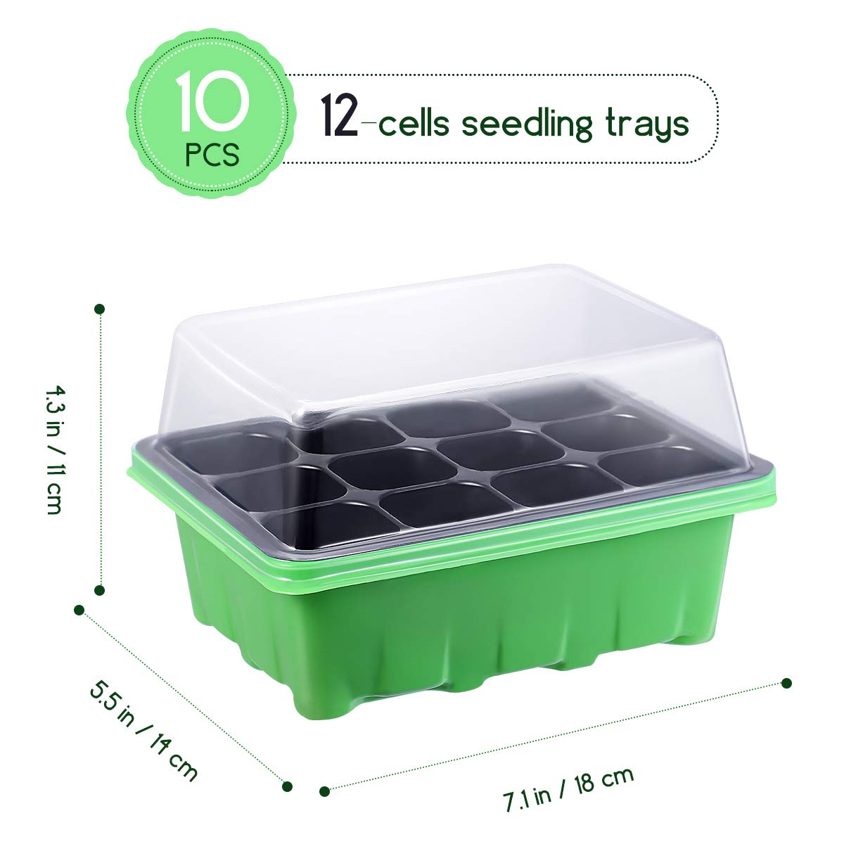 10 PCS Seed Starter Trays with Dome - 12 Cells Plant Nursery Pots for Gardening, Bonsai, Vegetables & Flowers - 7 x 5.5 x 2.4 Inch Green Germination Kit (Perfect for Indoor Seed Starting & Greenhouse Growing)