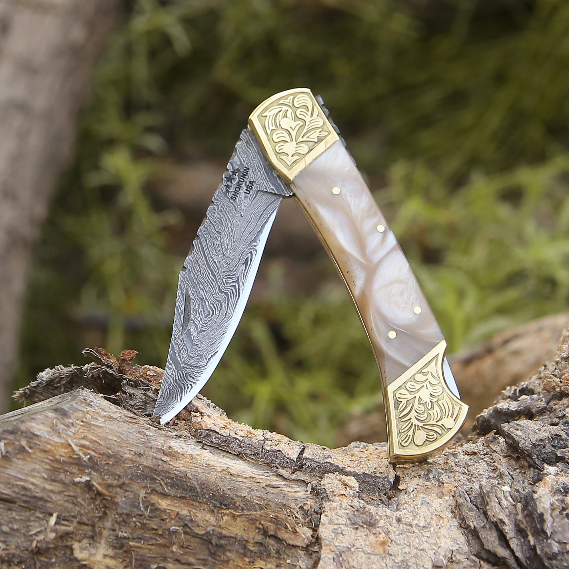 Premium Handmade Damascus Steel Pocket Knife - Thunderblade Folding Knife with Genuine Leather Sheath & Mother of Pearl Resin Handle - Perfect for Camping, Hunting, Outdoor Adventures & Everyday Carry (EDC)