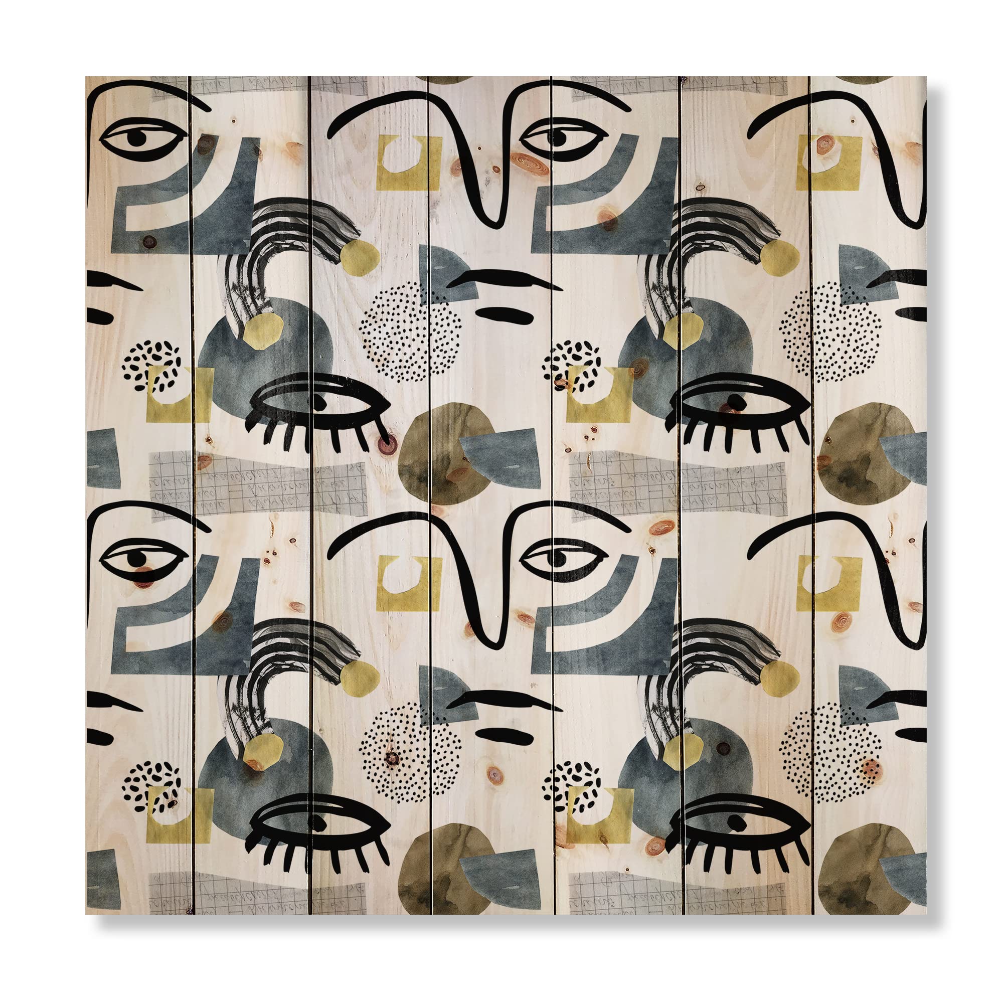 DesignQ Contemporary Eye & Doodle Collage Wood Wall Art - Modern Abstract Grey Wood Panel Decor Printed on Natural Pine - Perfect for Living Room, Bedroom or Office Wall Decoration