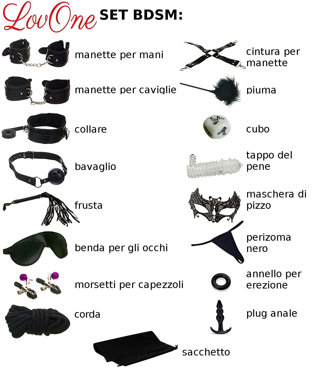 LOVONE 18-Piece Bondage Set for Couples - Handcuffs, Blindfold & Restraints - Perfect for Beginners & Experts - BDSM Sex Toys for Sensual Play & Role Play - Black