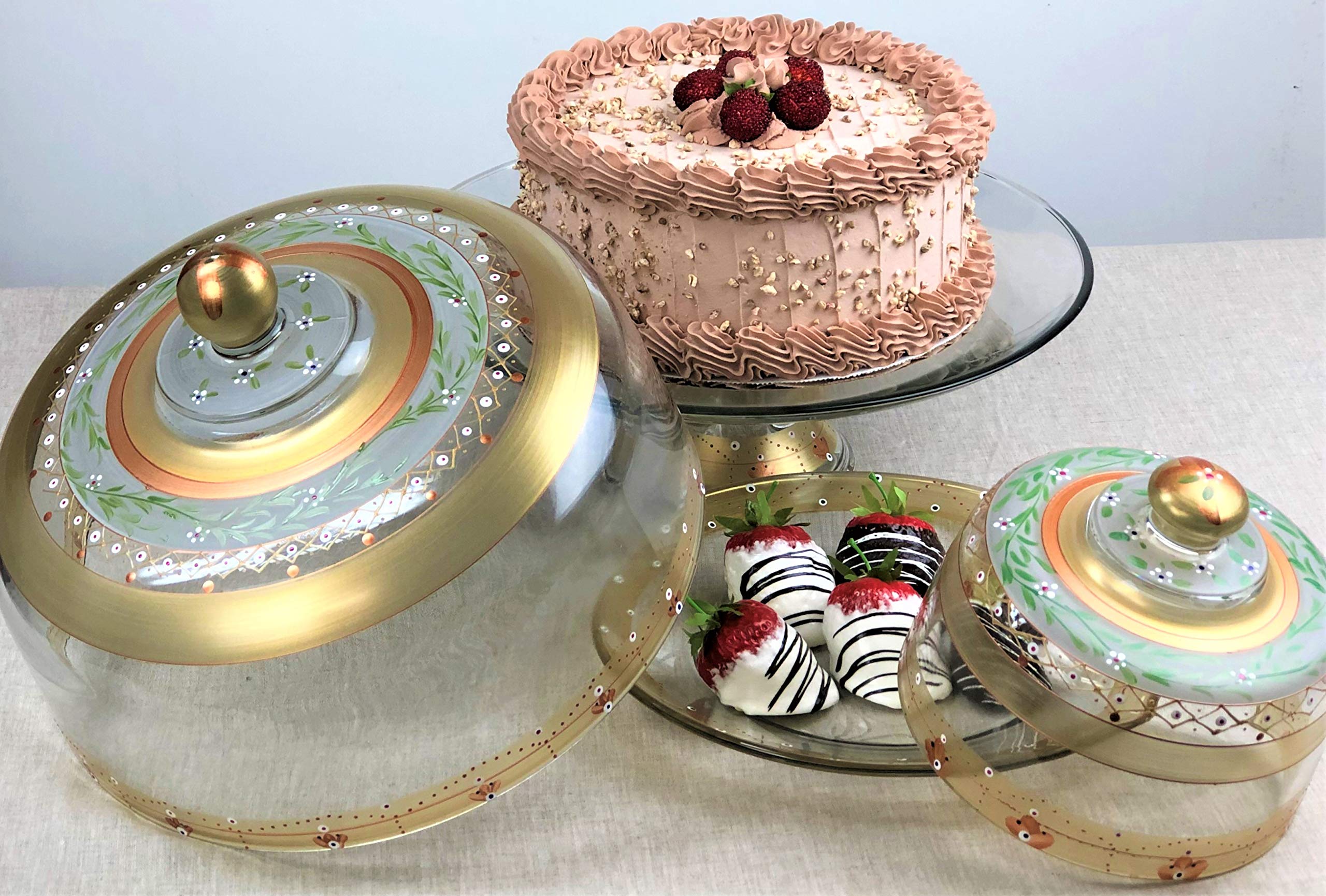 Hand Painted Glass Cake Stand with Lid - Moroccan Mosaic Gold Garland Collection - Decorative Cake Dome for Wedding, Birthday & Party - Unique Kitchen Table Decor by USA Artists - Perfect for Dessert Display & Home Décor