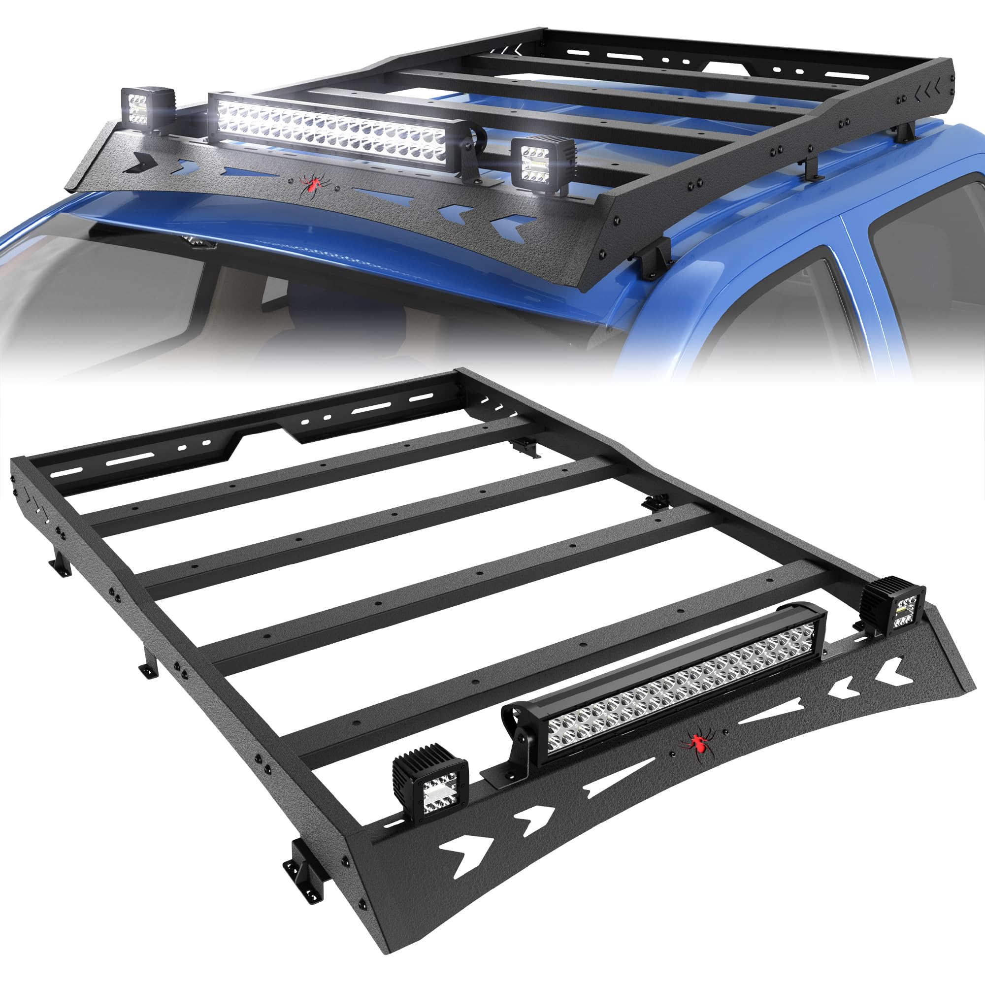Heavy-Duty Roof Rack for Toyota Tacoma (2005-2023) | 144W LED Light Bar & Dual 18W Lights | Textured Black Cargo Carrier for Camping, Off-Road & Outdoor Adventures