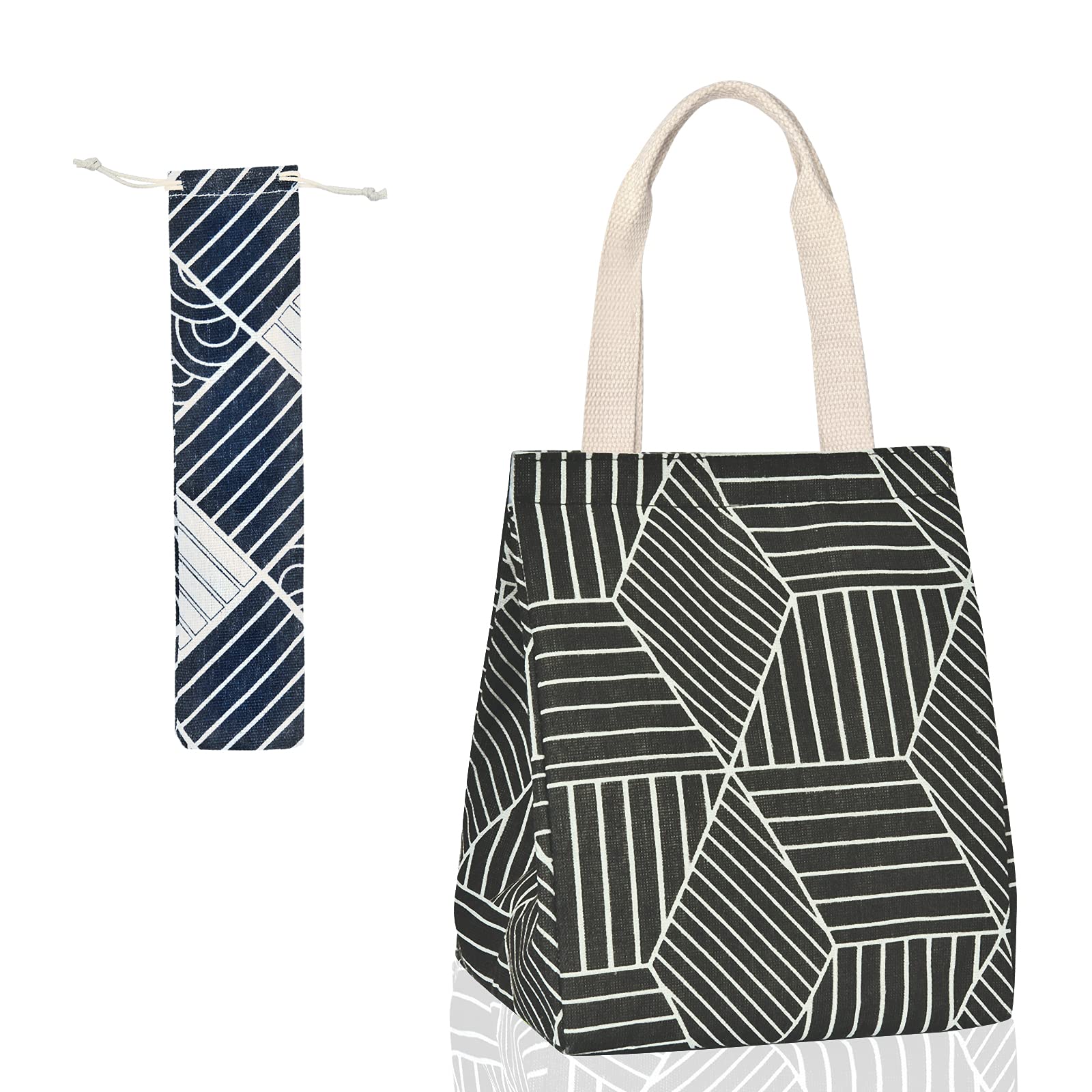 Insulated Lunch Bag for Adults - Reusable Waterproof Lunch Box with Aluminum Foil Lining, Portable Canvas Lunch Tote for Work, School & Picnic - Cute Geometric Pattern Handbag for Women & Men (Black) - Perfect for Office Meals, Outdoor Activities & Daily Commuting
