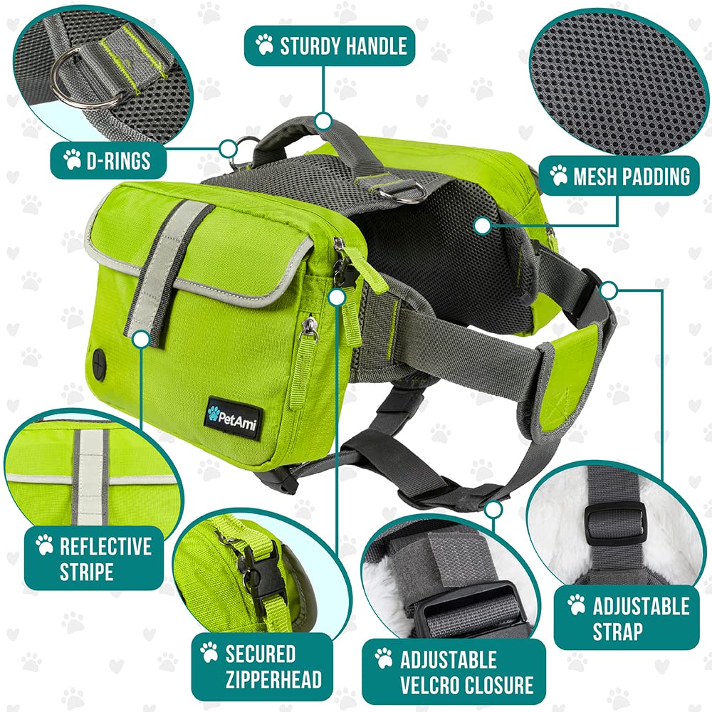 PetAmi Dog Backpack for Medium & Large Dogs - Adjustable Saddle Bag Carrier with Reflective Safety Pockets - Perfect for Hiking, Camping & Travel Accessories (Green, Medium) - Ideal for Outdoor Adventures, Dog Walking & Pet Travel Gear